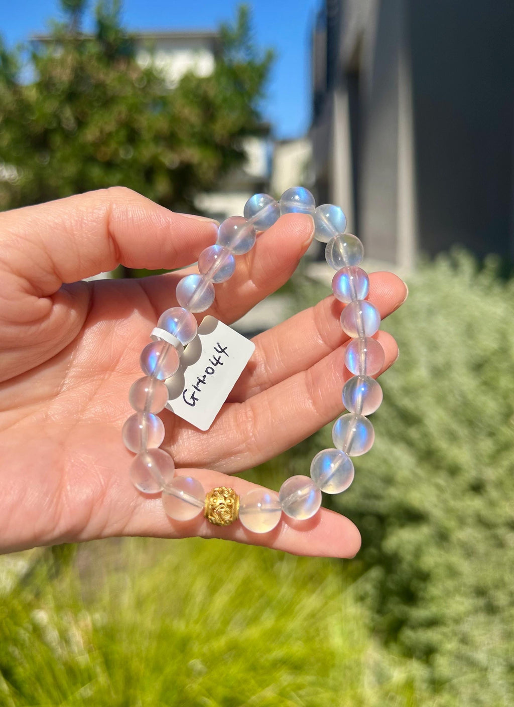 Clean Blue Flashy Natural Moonstone Crystal Bracelet with S925 bead: Blue Light Gemstone, 9mm Beads, fits up to 16.8cm wrist (GH-044)