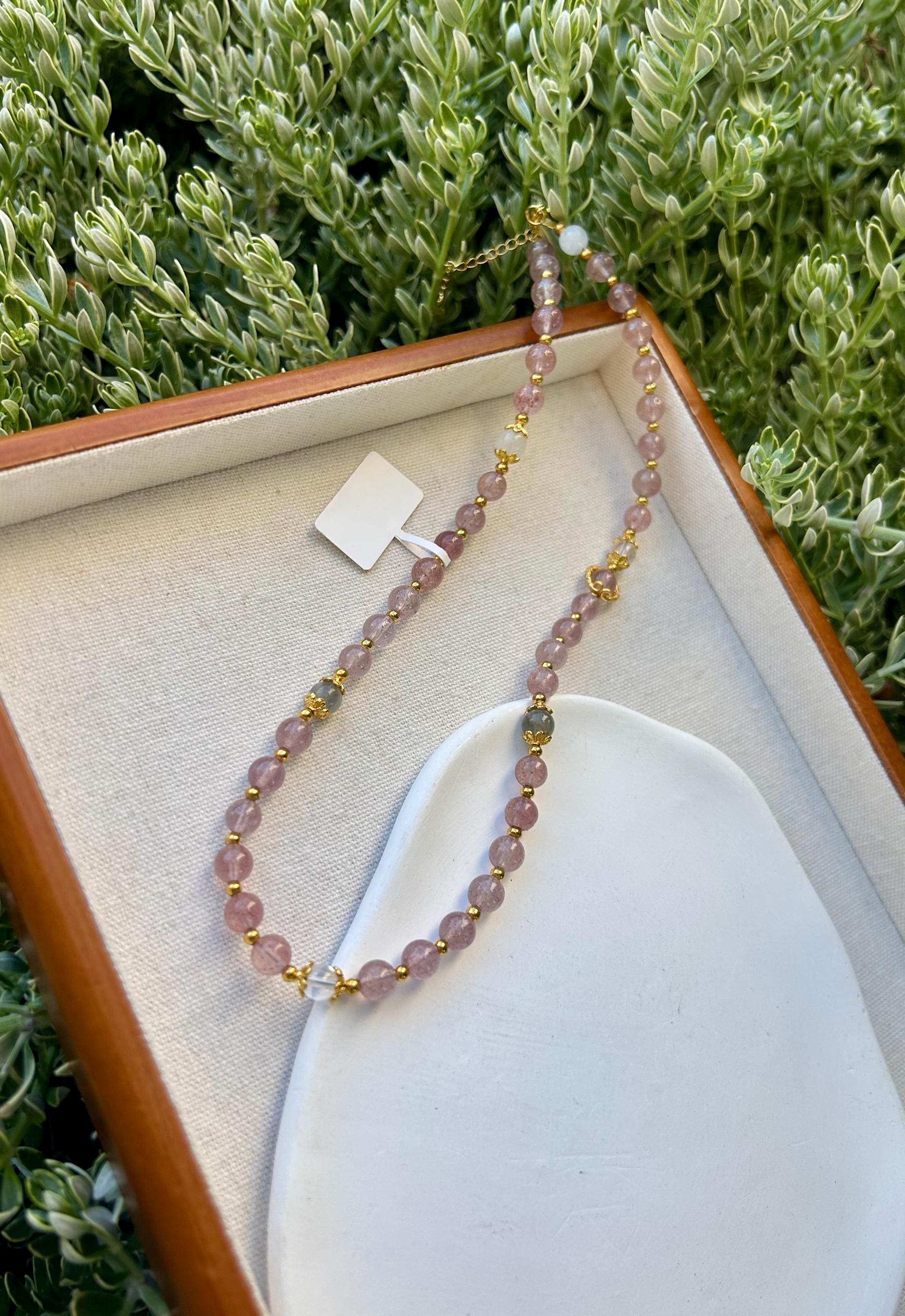 Light Pink Strawberry Quartz beads and pearl Necklace, Handmade Jewelry, Gift for Her (26-081)