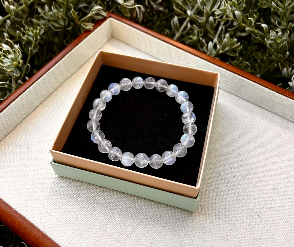 Natural Moonstone Crystal Bracelet: Calming Blue Light Gemstone (25-081)