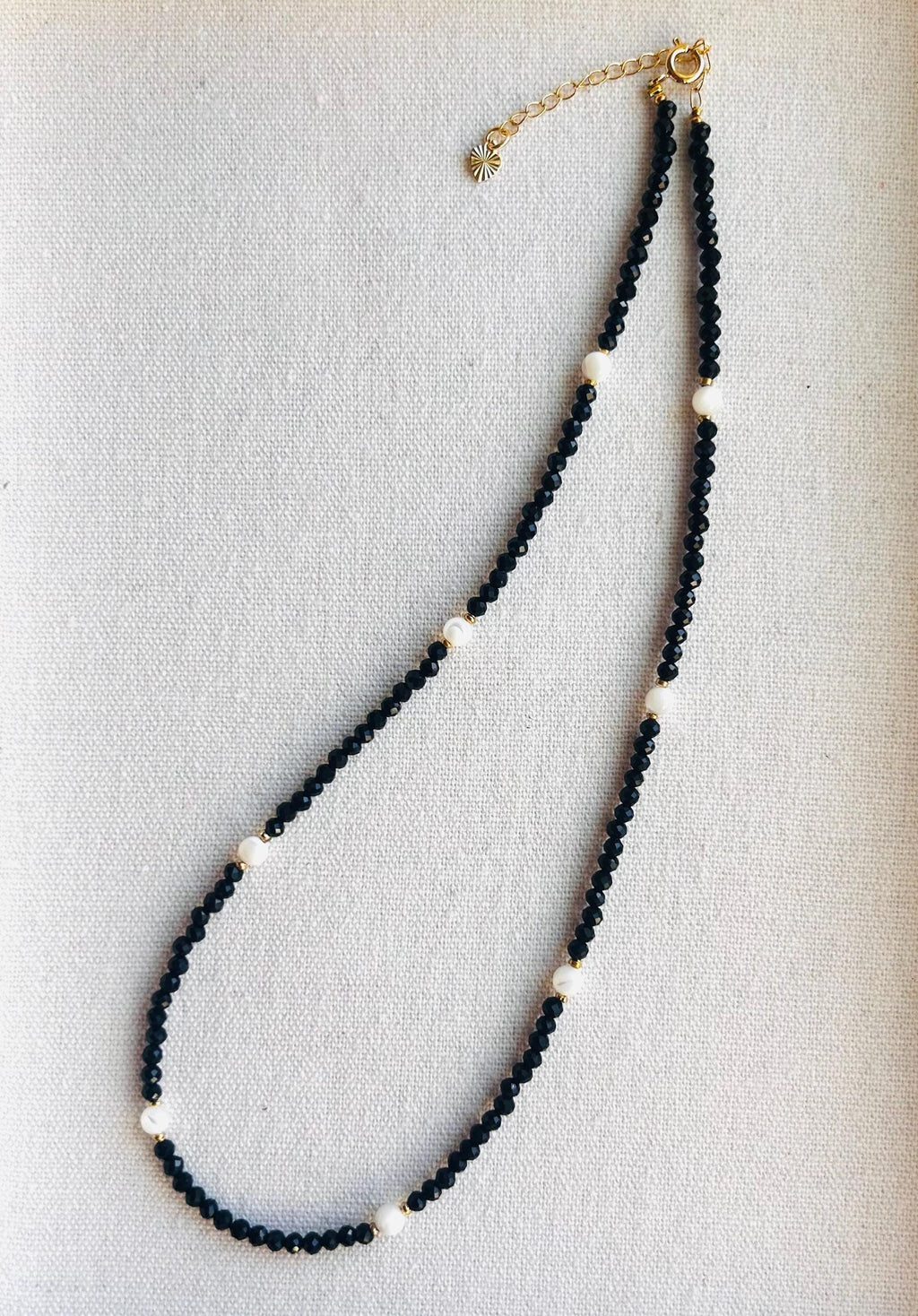Black Spinel necklace with Gold and shell beads, August Birthstone (26-044)