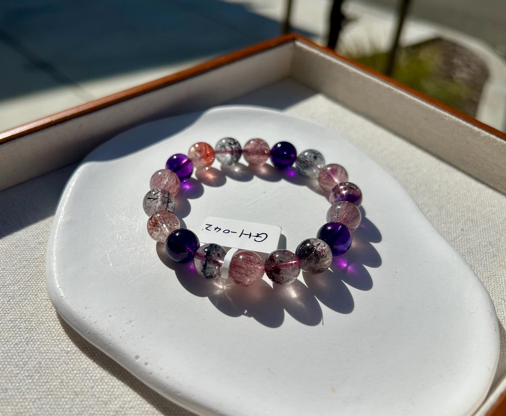 Premium Select, High Grade Super Seven Crystal Bead Bracelet: Abundant Minerals, 10.5mm+, GH-042
