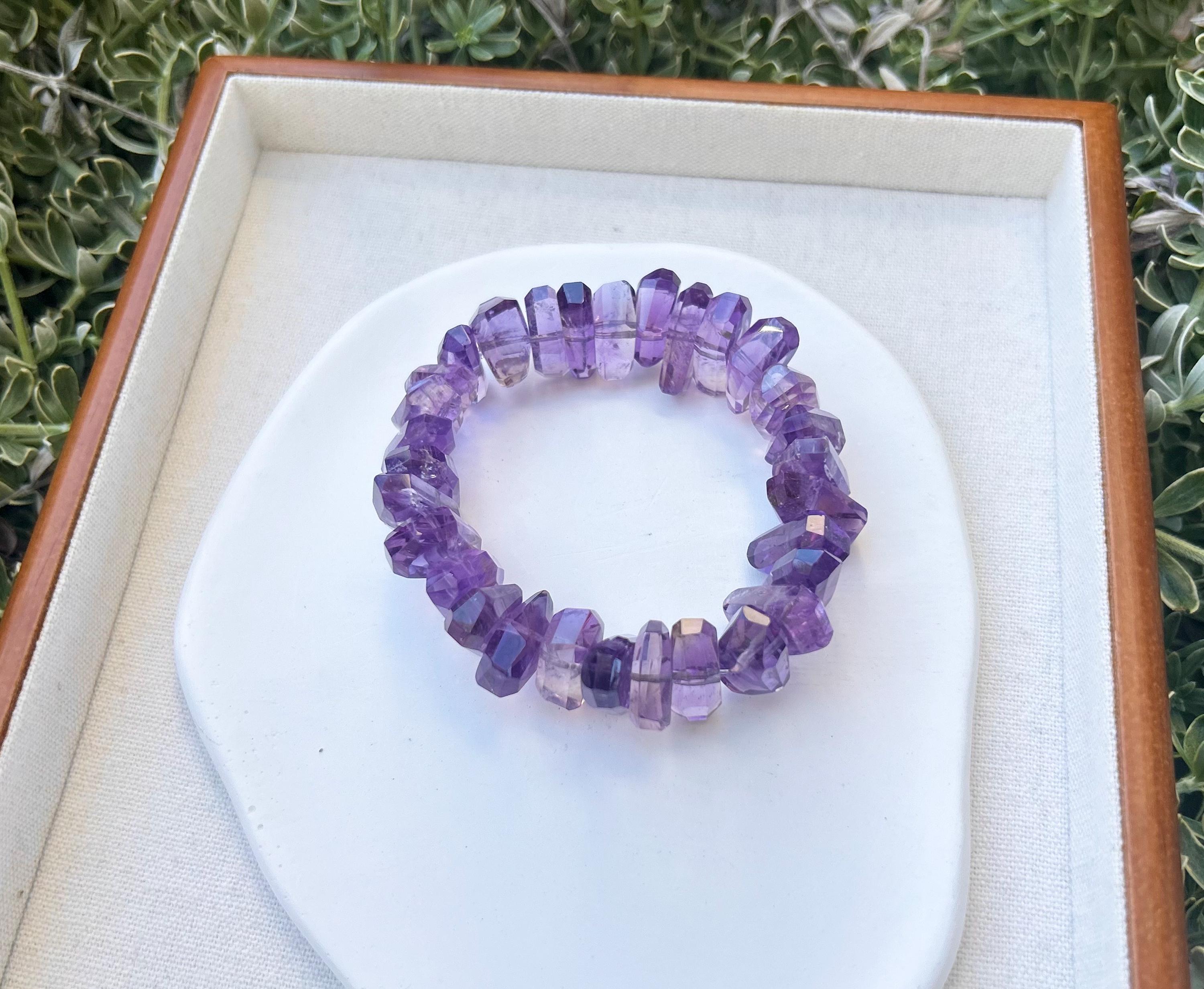 Faceted Amethyst Crystal Bead Bracelet: Stretchy Gemstone Jewelry, Fits up to 17cm wrist (GH-015)