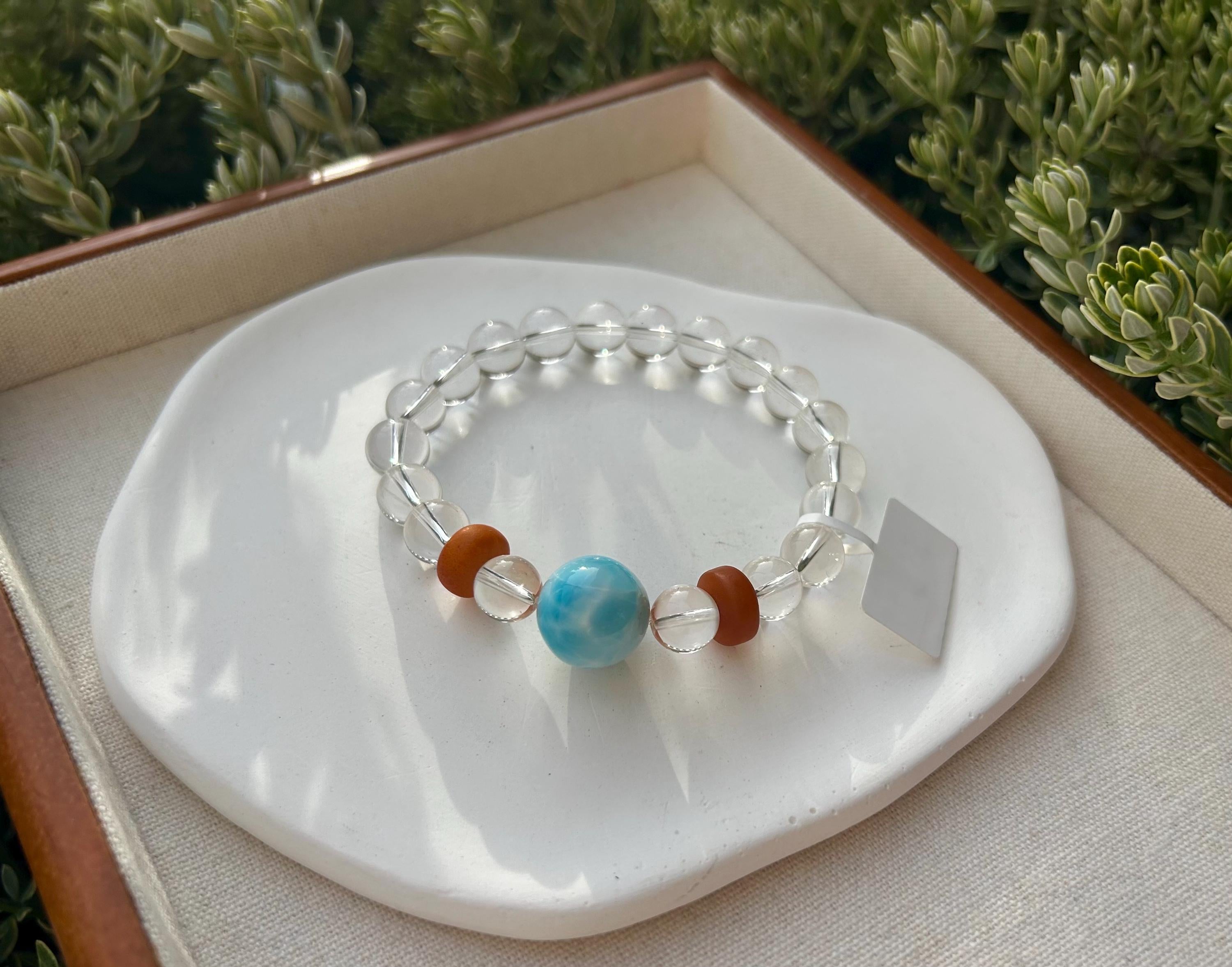 Chunky Larimar bead 16mm and clear Quartz beads bracelet with beeswax beads, Fits up to 17cm wrist, can be adjusted shorter (25-218)