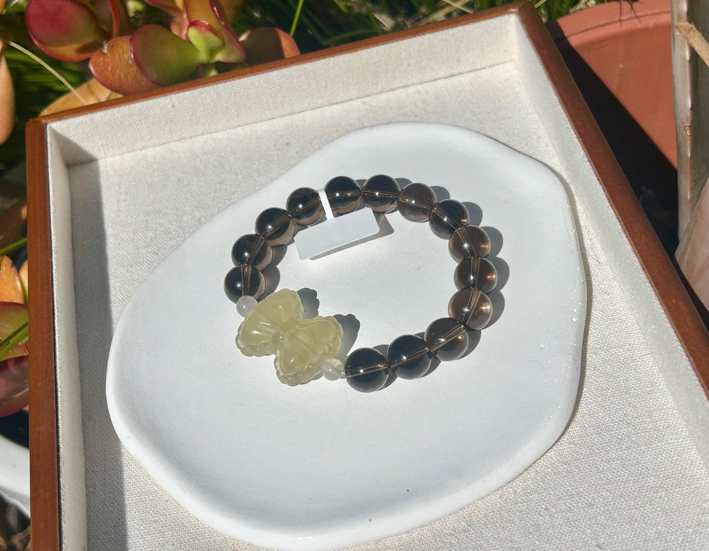Chunky Natural Smoky Quartz Crystal Bracelet featured with a crystal bow, 12mm smoky beads, Fits up to 16.8cm wrist (26-153)
