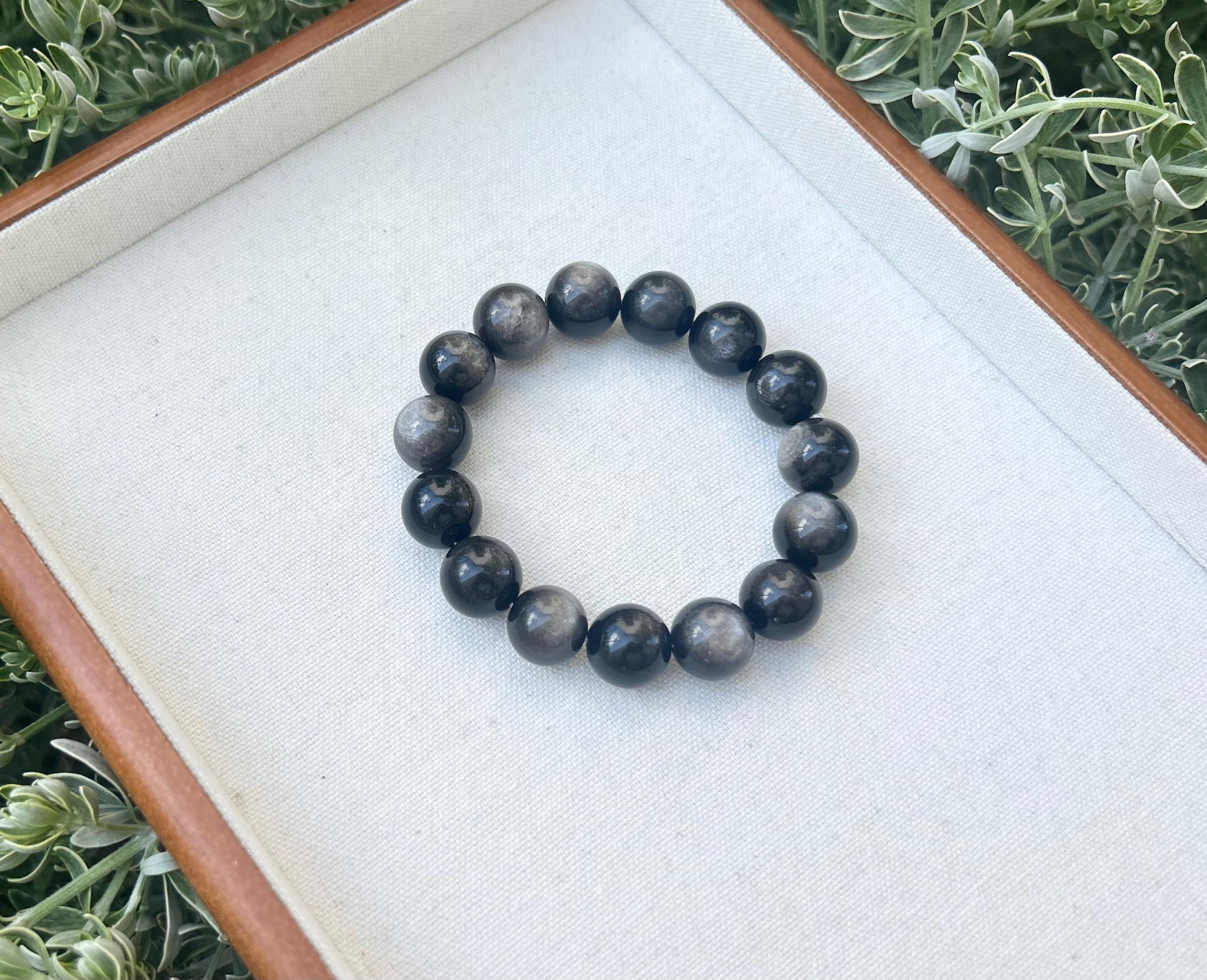 Chunky Silver Obsidian Bead Bracelet: Stretchy Gemstone Jewelry, 14mm beads, (25-136)