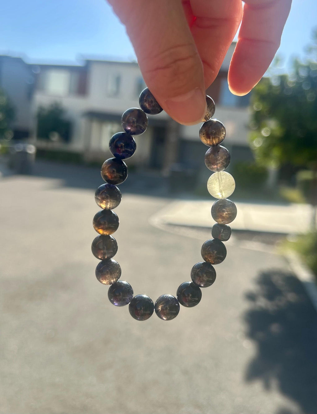 Natural Cordierite/Iolite with visible inclusions  Bracelet with one Libyan and Gibeon Meteorite, 10mm+ beads, fits up to 17cm wrist 25-224