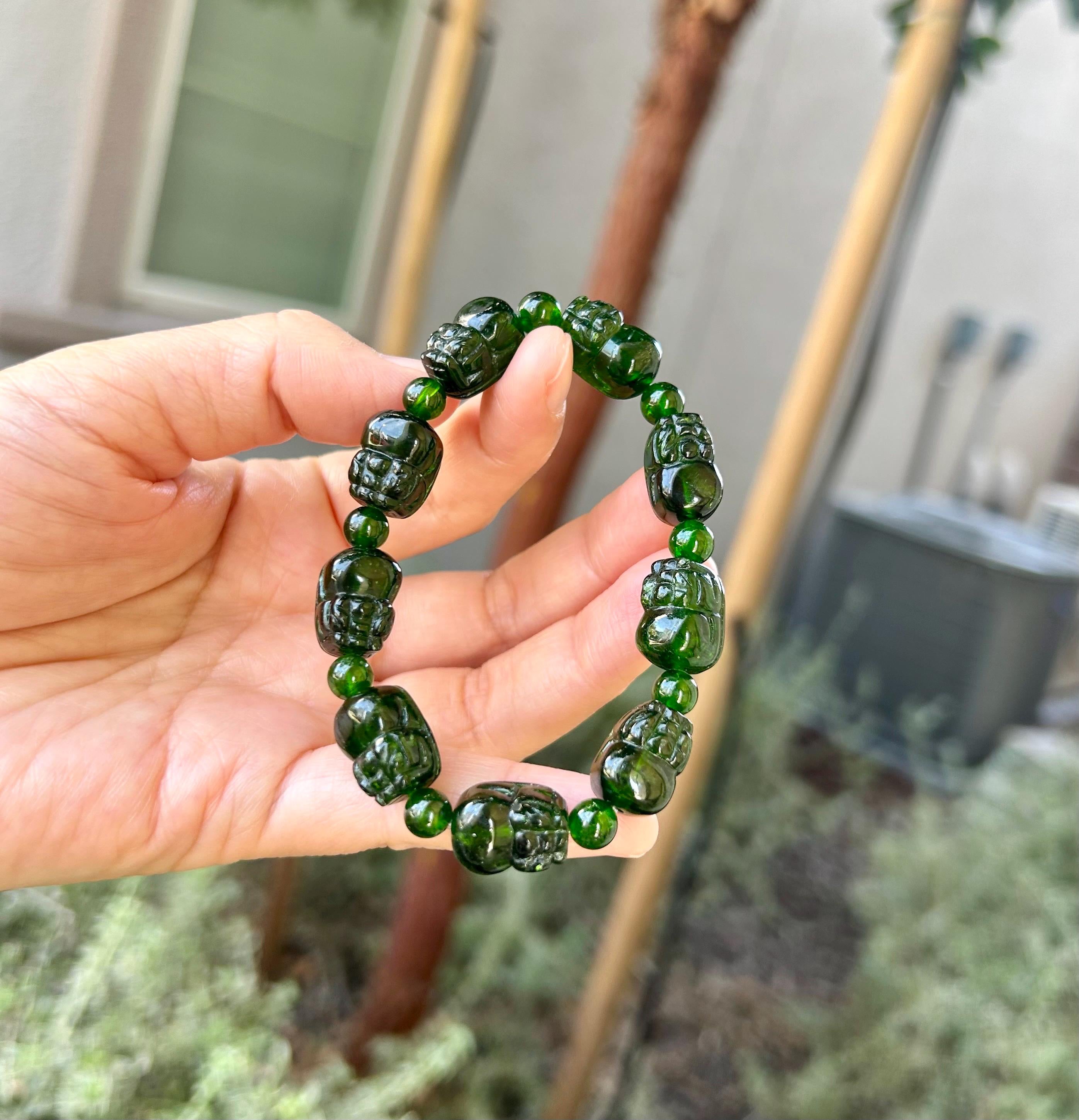 Natural Green Diopside Pixiu Bracelet – Hand-Carved Gemstone Beads, Healing and Calming stone, fits up to 15.5cm wrist (GH-049)