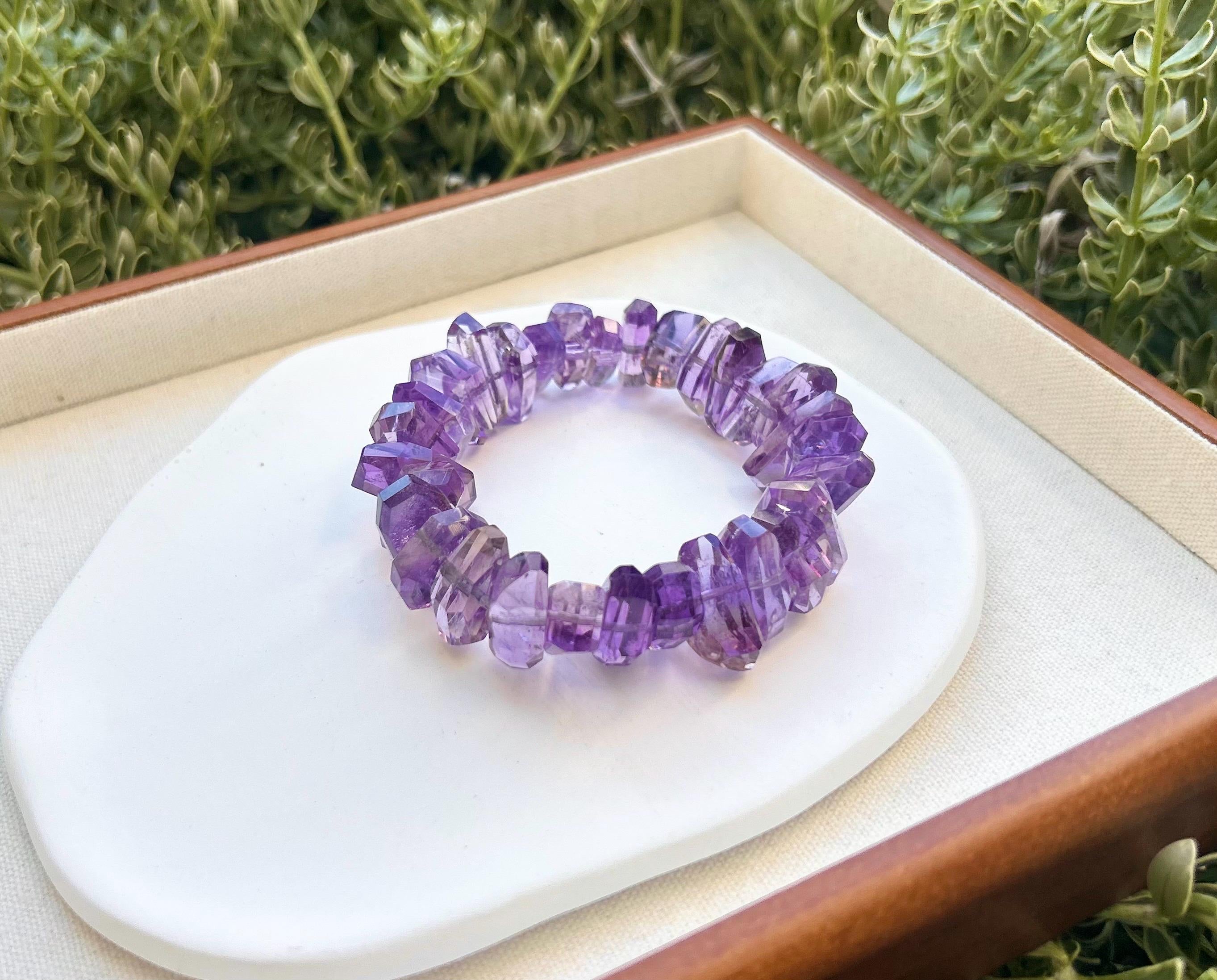 Faceted Amethyst Crystal Bead Bracelet: Stretchy Gemstone Jewelry, Fits up to 17cm wrist (GH-015)