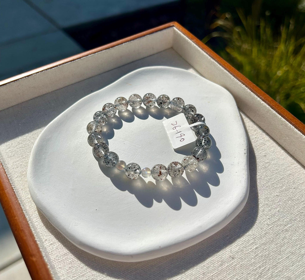 Phatom clear quartz beads with 2 small labradorite beads crystal bracelet, 9mm+ beads, fits up to 17cm wrist (26-190)