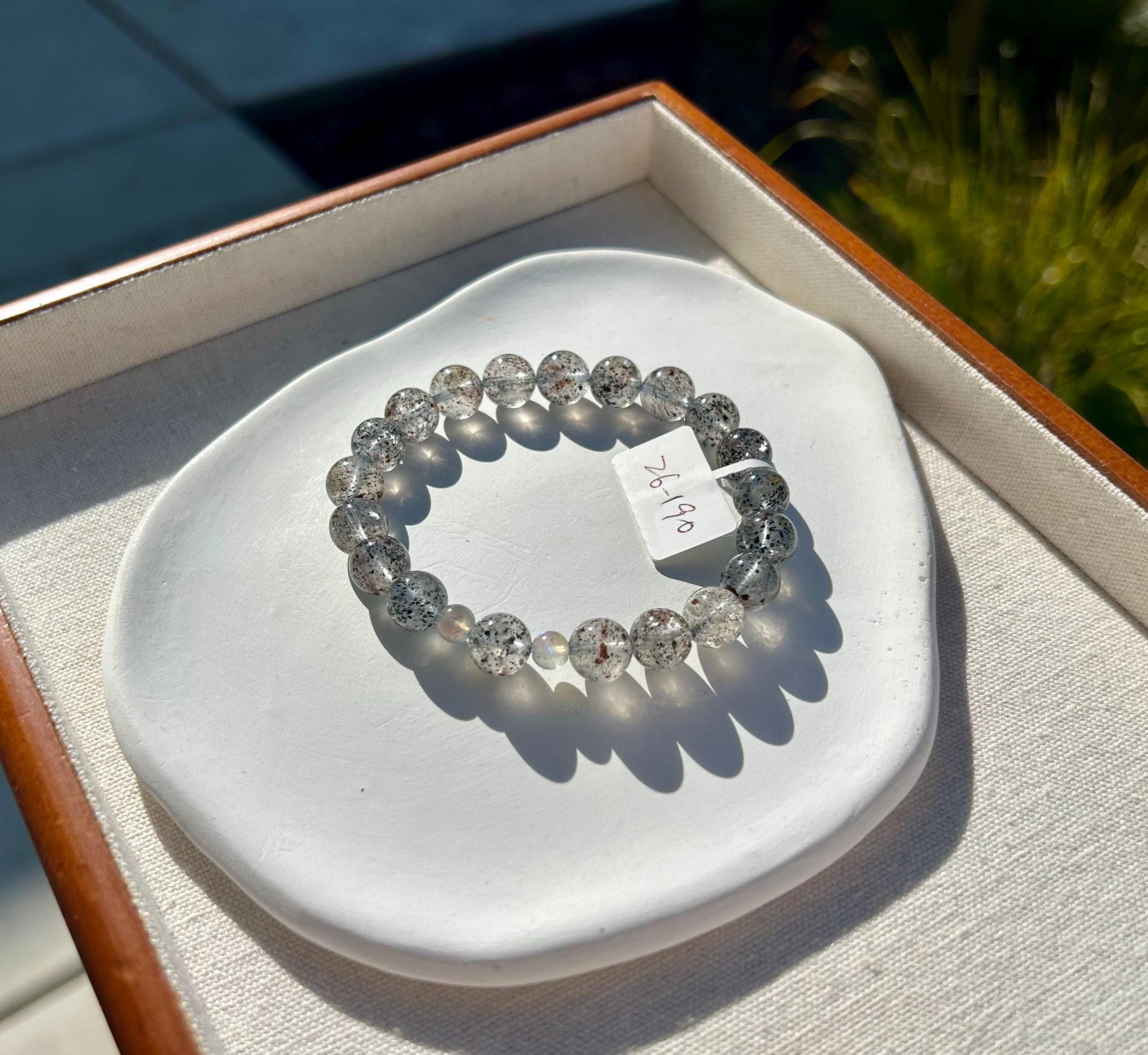 Phatom clear quartz beads with 2 small labradorite beads crystal bracelet, 9mm+ beads, fits up to 17cm wrist (26-190)