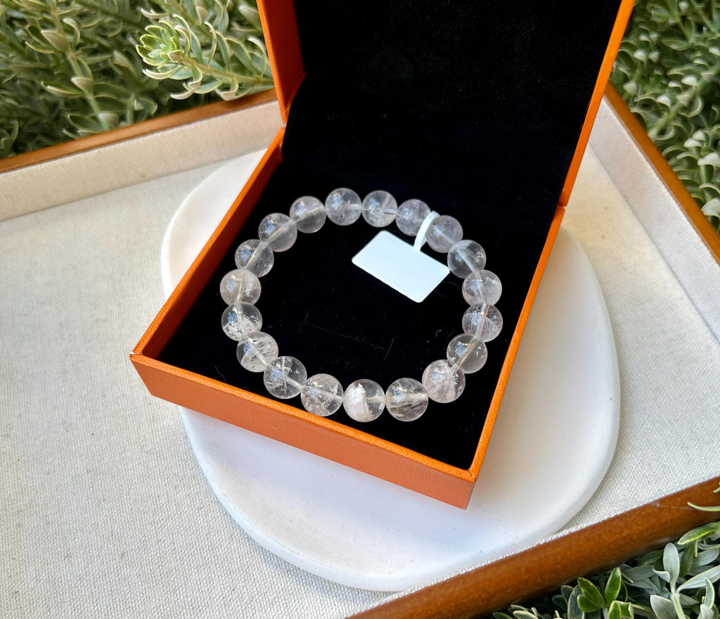 Natural Clear Quartz with white phantom Crystal bracelet, 10mm beads, fits up to 16.5cm (26-117)