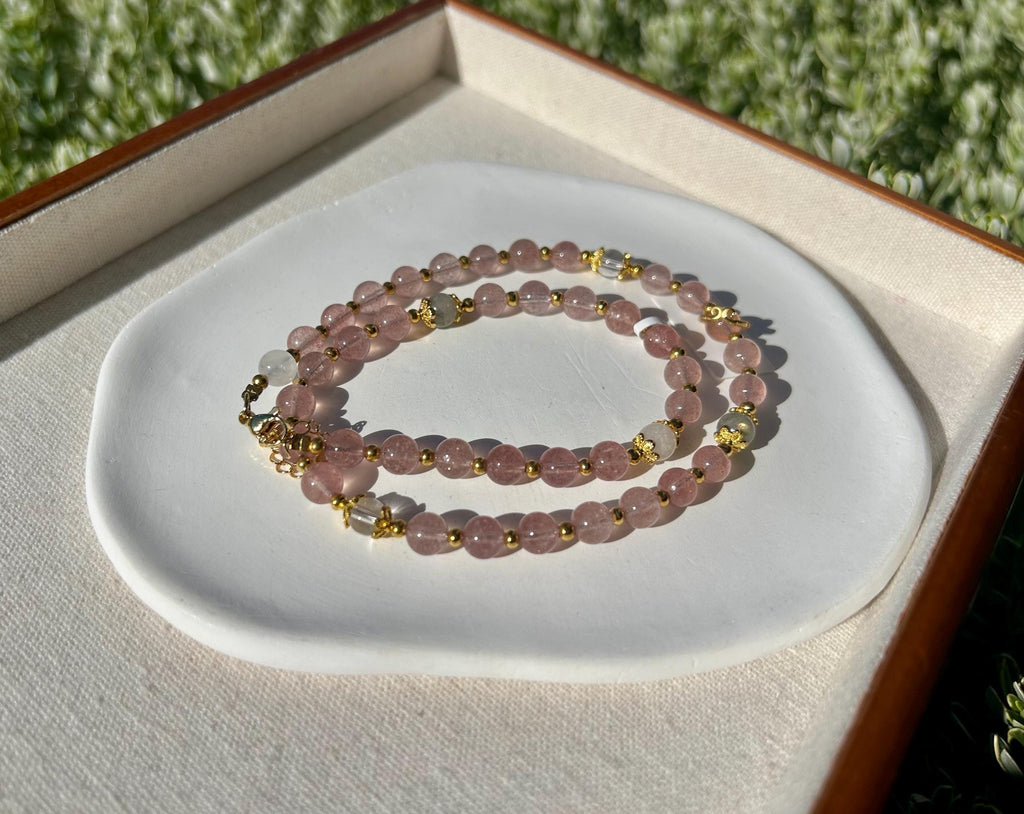 Light Pink Strawberry Quartz beads and pearl Necklace, Handmade Jewelry, Gift for Her (26-081)