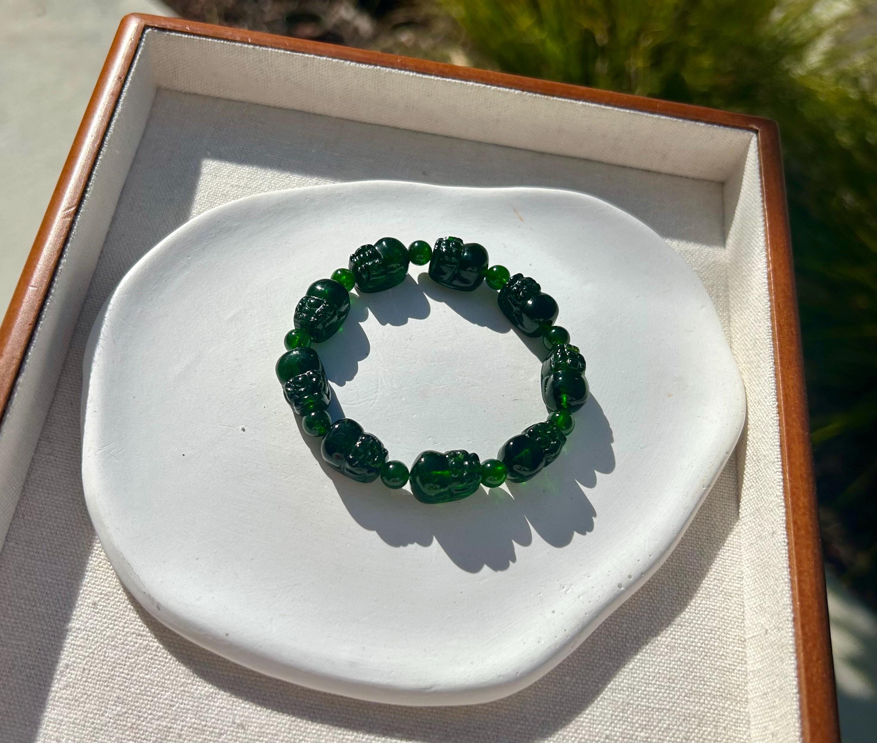 Natural Green Diopside Pixiu Bracelet – Hand-Carved Gemstone Beads, Healing and Calming stone, fits up to 15.5cm wrist (GH-049)