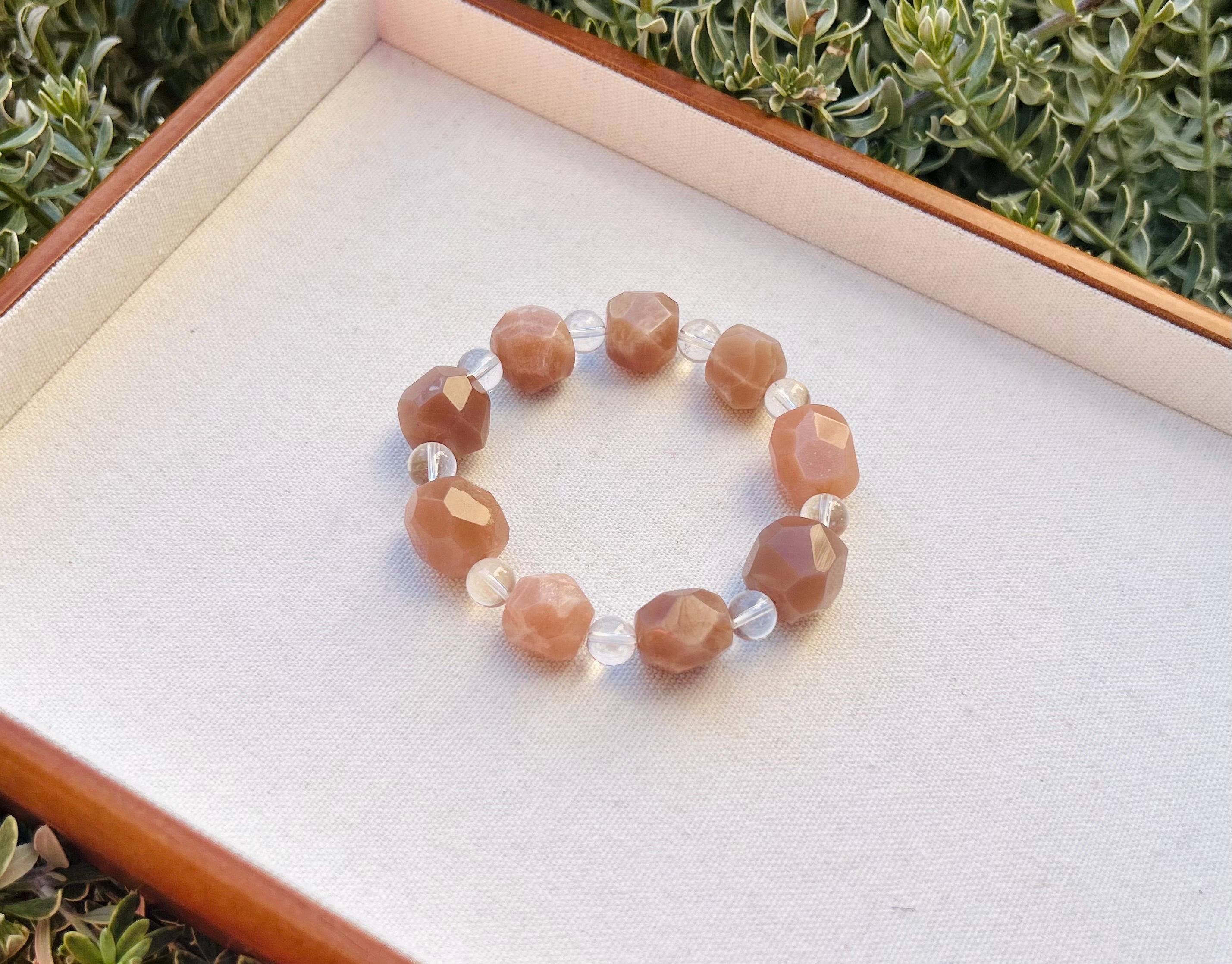 Chunky Peach Moonstone Simple Nugget Bracelet, Handmade Gemstone Jewelry, fits up to 16.5cm (25-016)