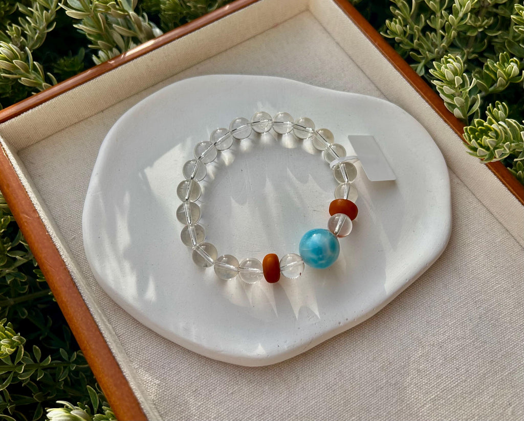 Chunky Larimar bead 16mm and clear Quartz beads bracelet with beeswax beads, Fits up to 17cm wrist, can be adjusted shorter (25-218)