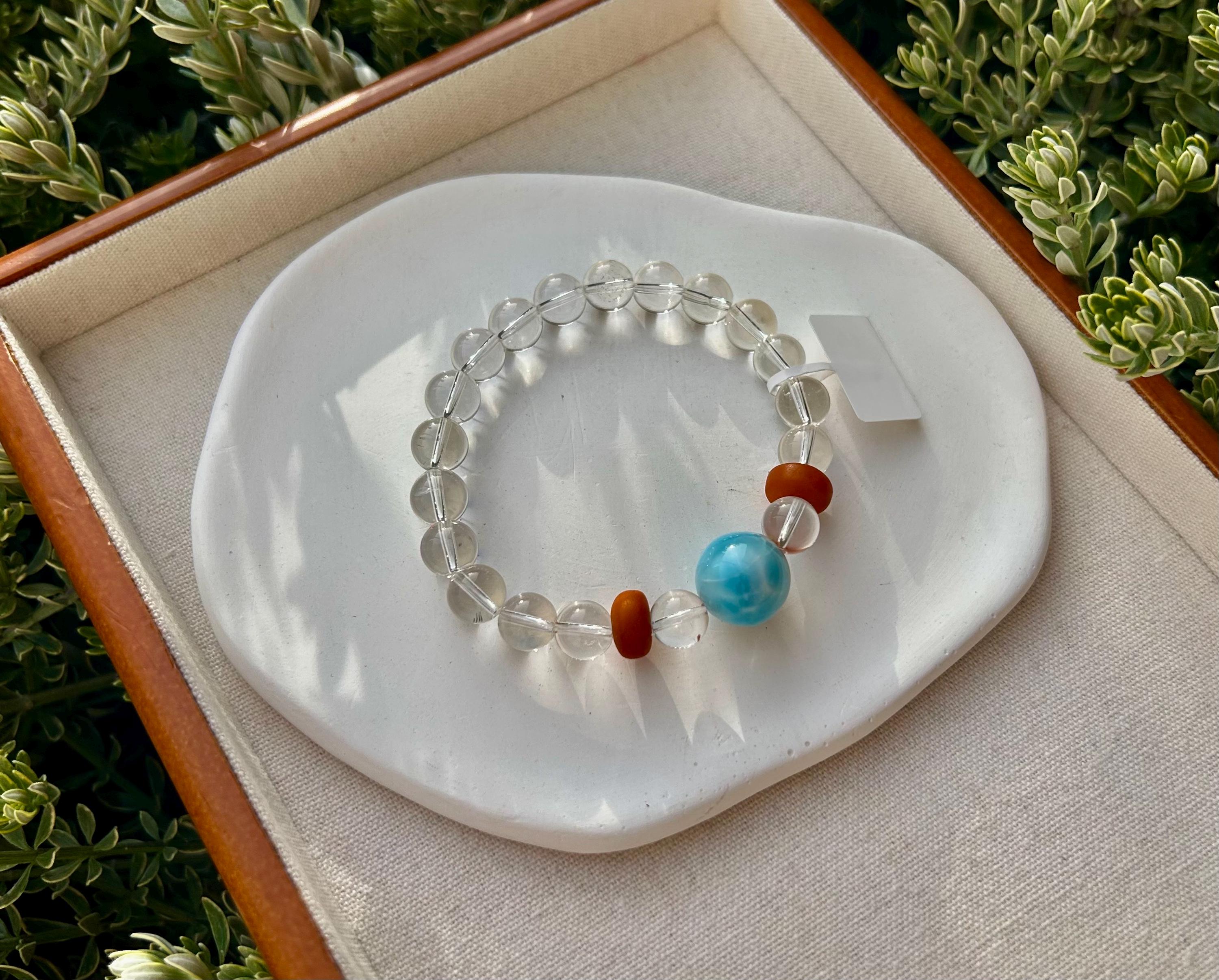 Chunky Larimar bead 16mm and clear Quartz beads bracelet with beeswax beads, Fits up to 17cm wrist, can be adjusted shorter (25-218)