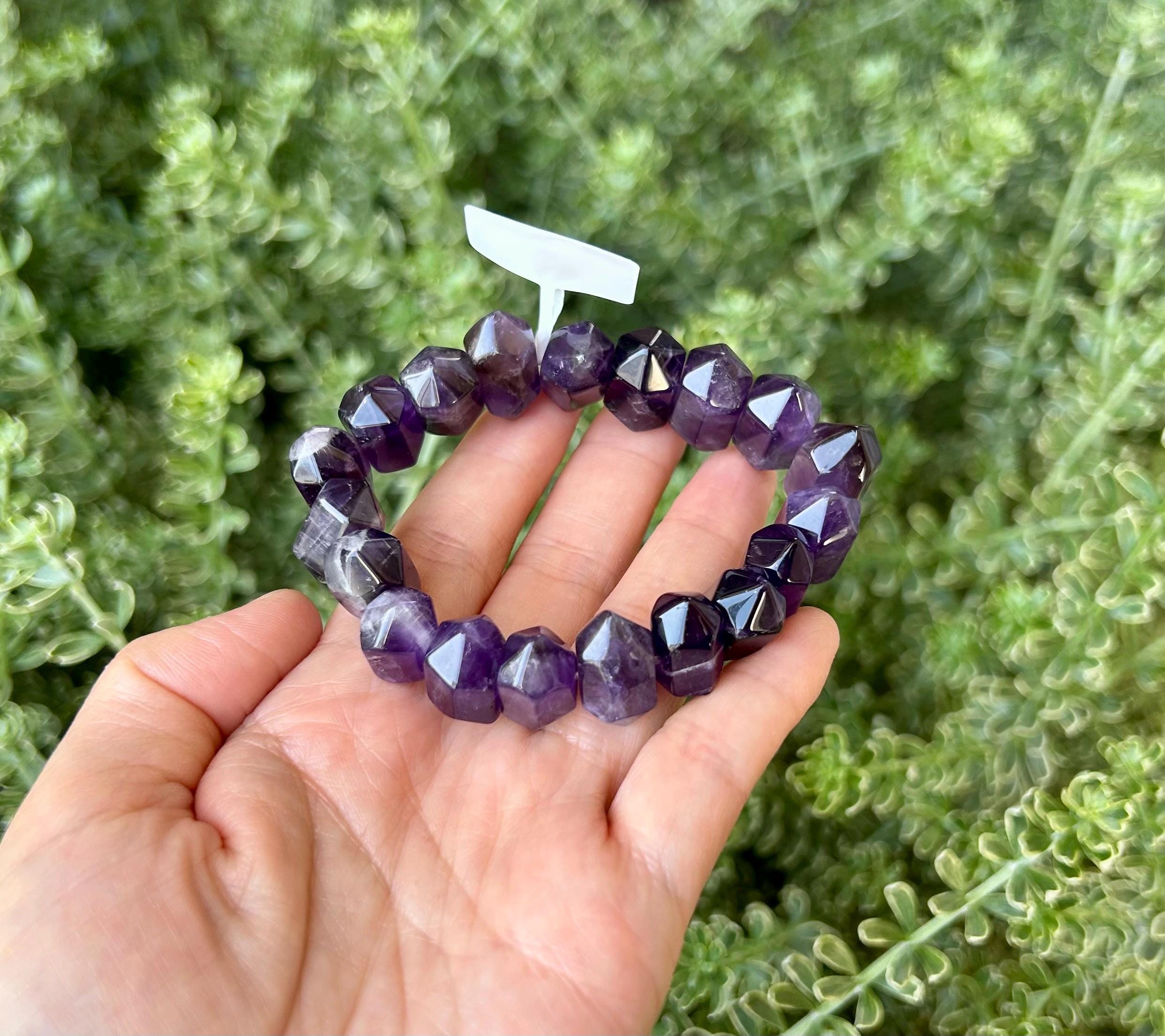 Natural double terminations amethyst bracelet (chunky), genuine crystal beads bracelet, fits up to 16cm wrist (25-075)
