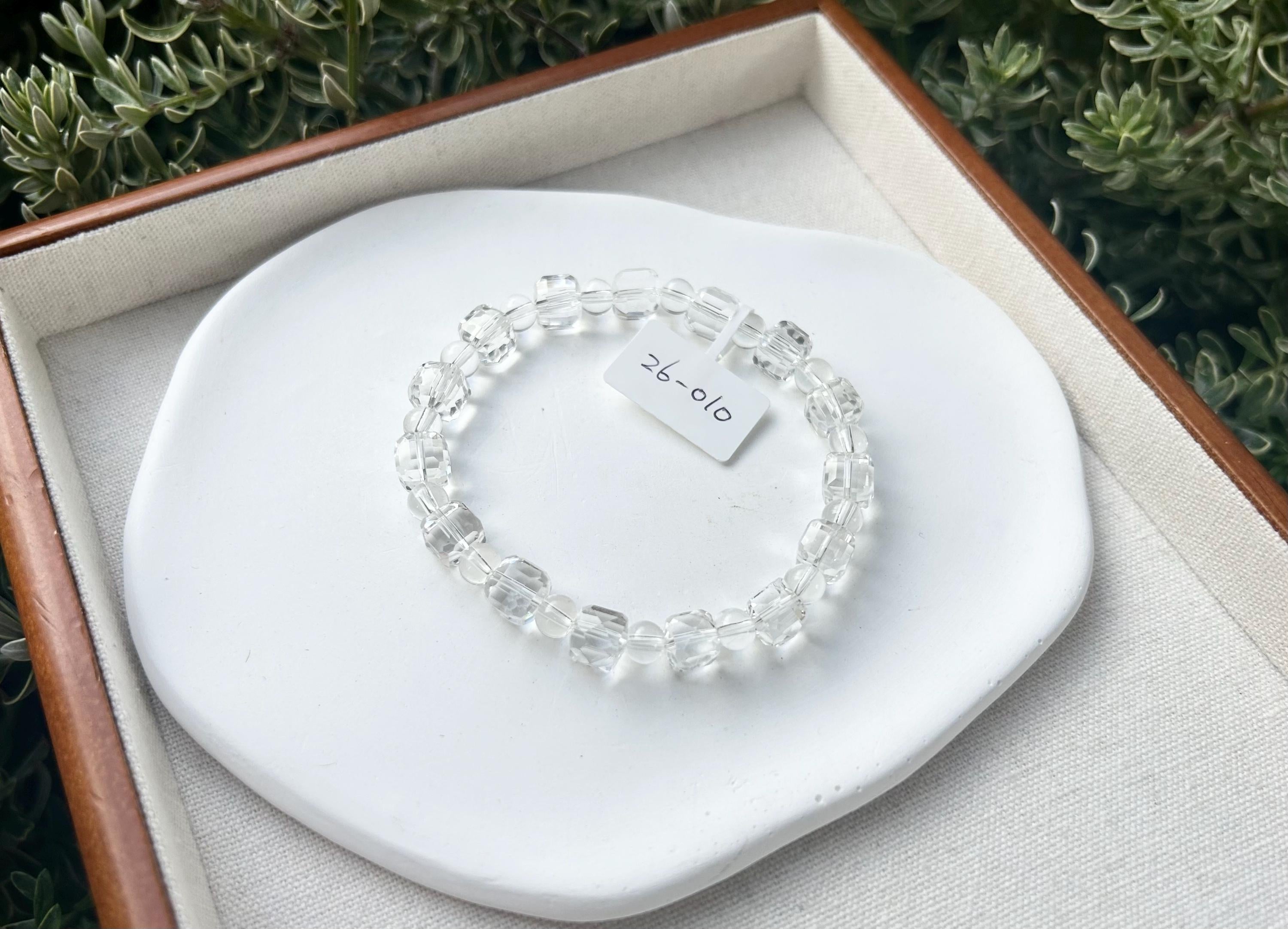 High quality natural clear quartz square beads bracelet, fits up to 18cm (26-076)