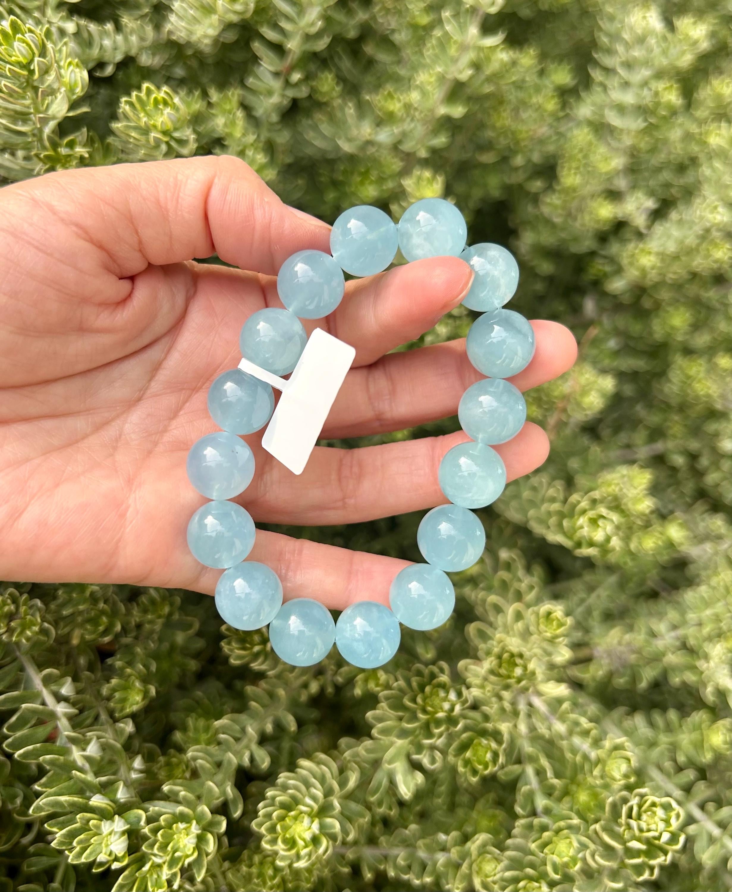 Chunky Aquamarine Quartz Bead Bracelet: Natural Gemstone, Stress Relief, (25-219)