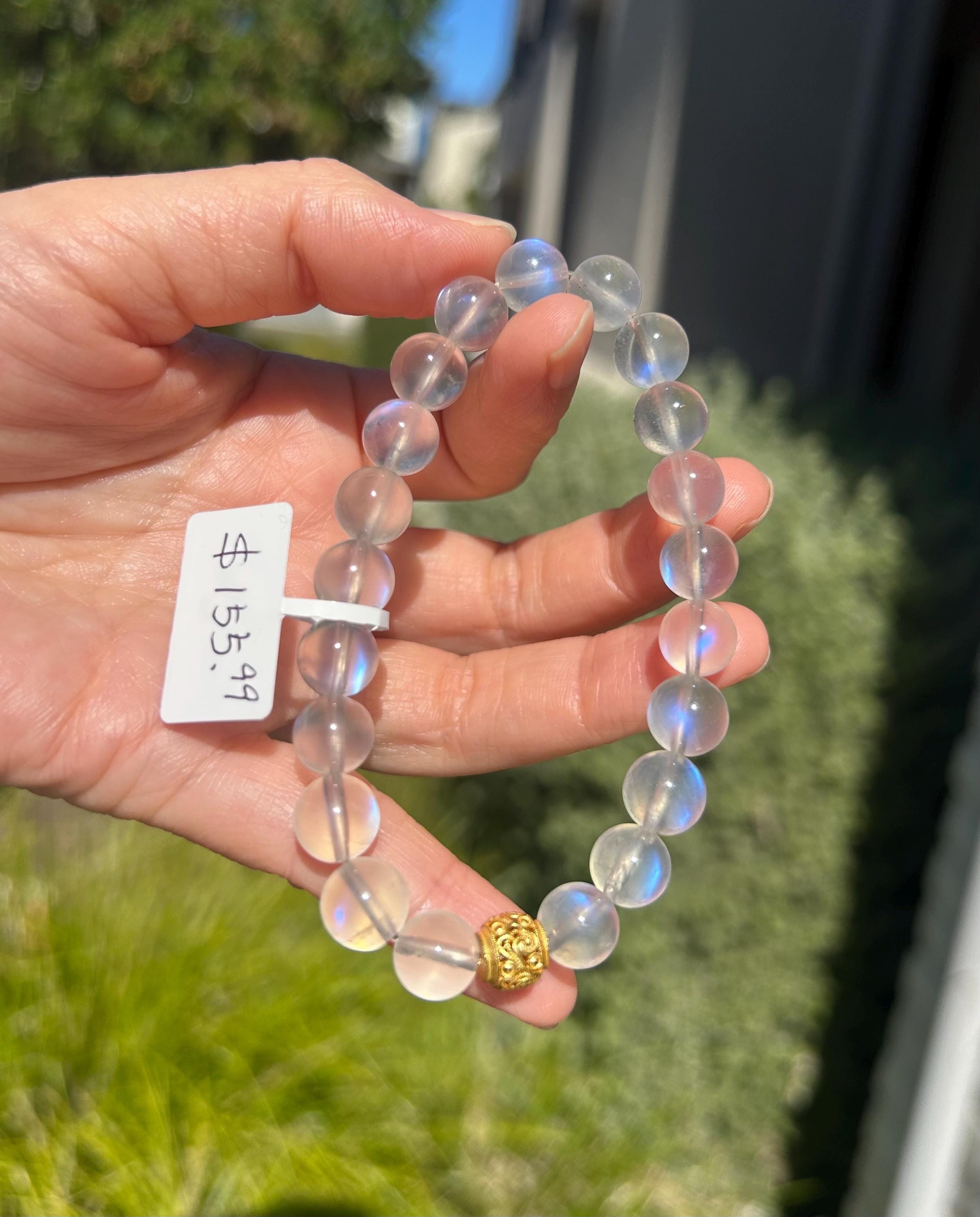 Clean Blue Flashy Natural Moonstone Crystal Bracelet with S925 bead: Blue Light Gemstone, 9mm Beads, fits up to 16.8cm wrist (GH-044)