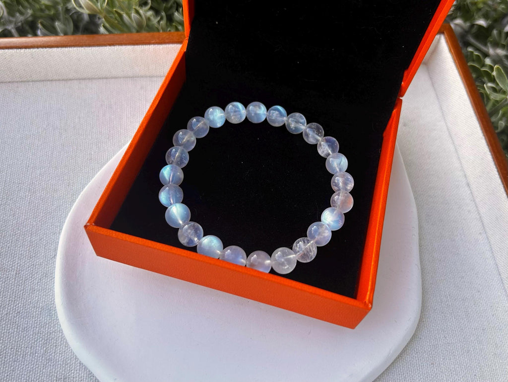 Natural Moonstone Crystal Bracelet: Blue Light Gemstone, 8mm Beads, (25-095)