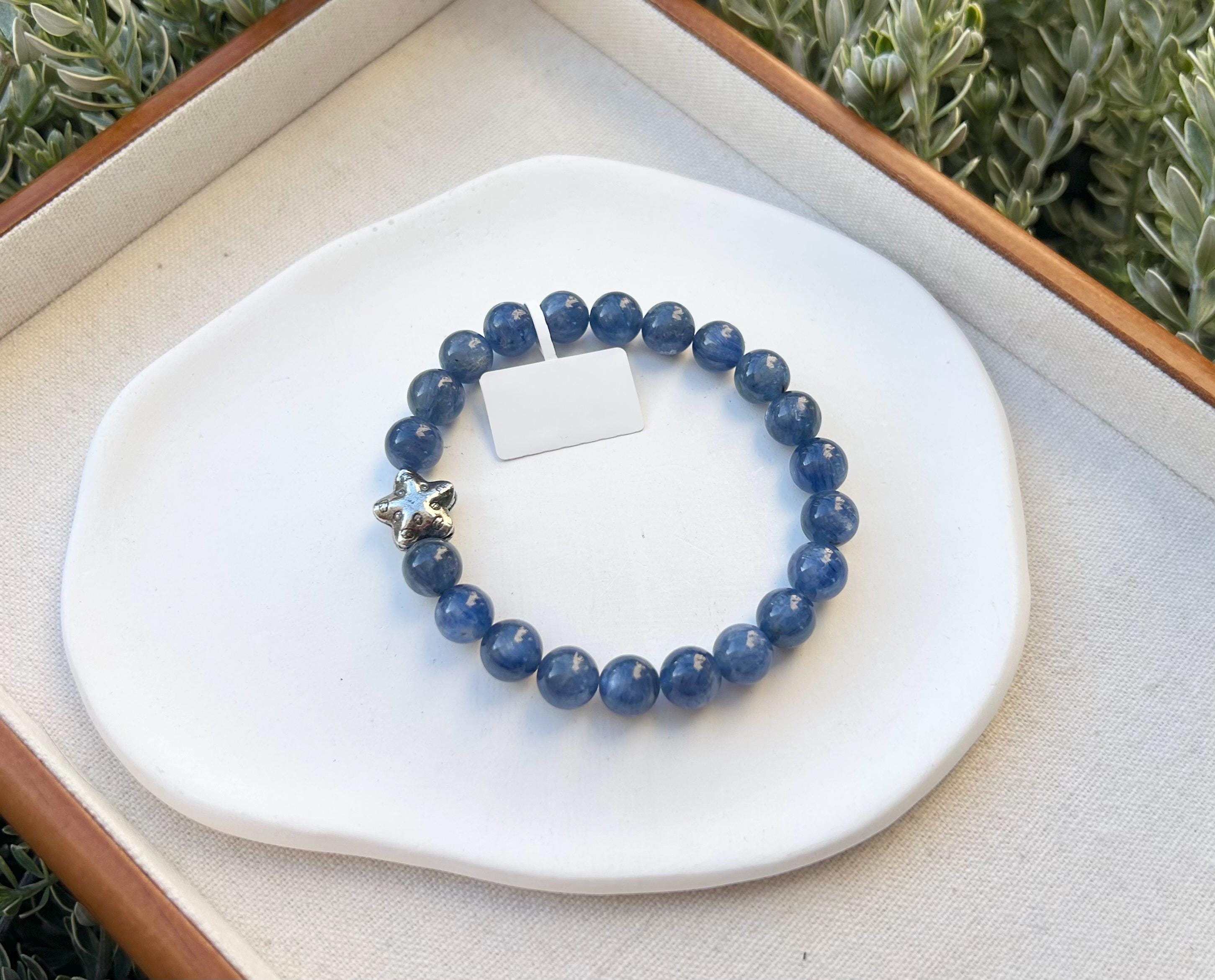 Genuine Blue Kyanite Healing Stone beads bracelet with silver sea star bead, fits up to 17cm wrist (26-029)