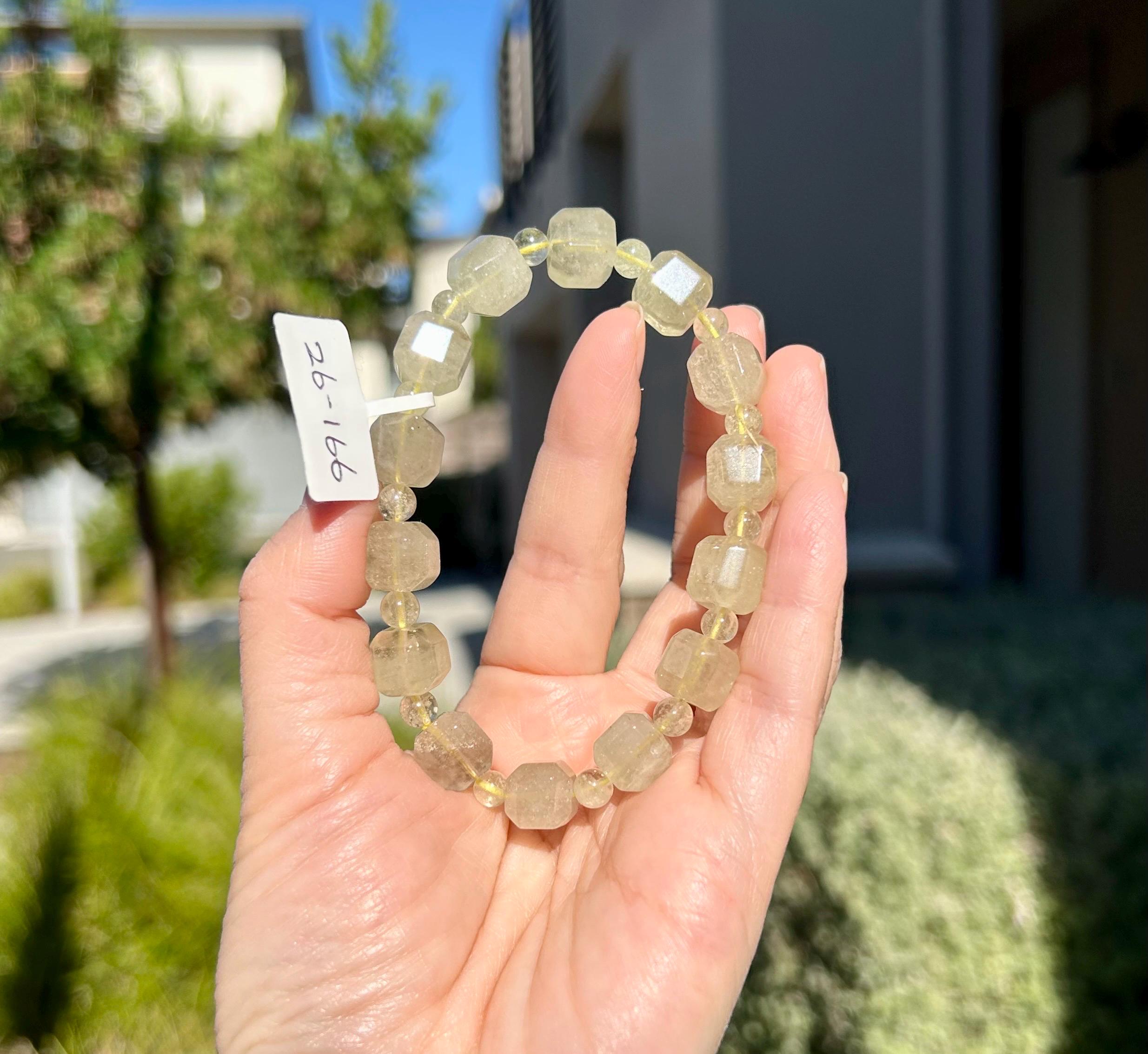 Healing Crystal, Gold Libyan Desert Glass square beads Bracelet: Tektite Beads, about 10mm beads, Fits up to 17.3cm wrist (26-166)
