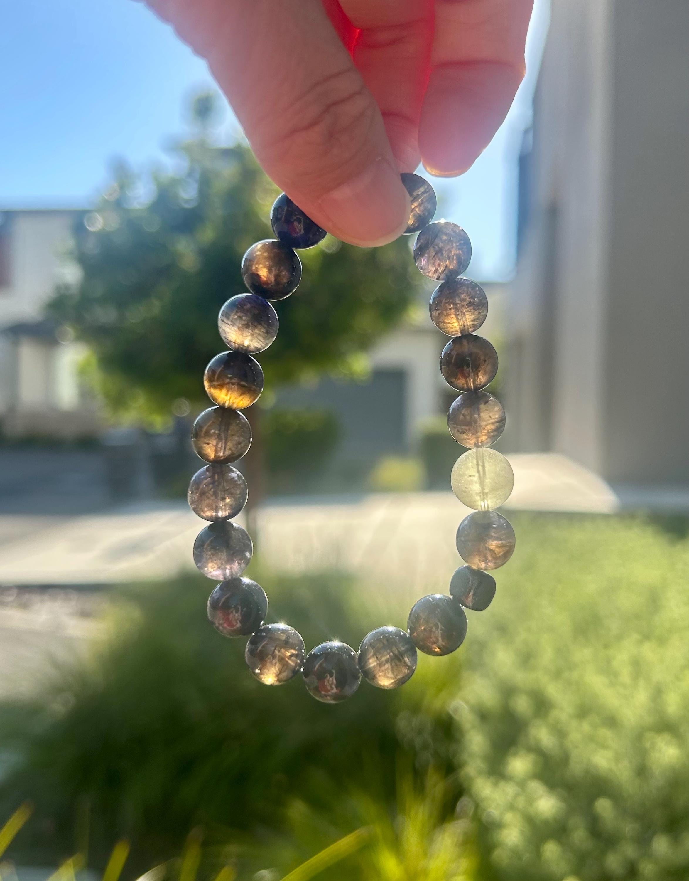 Natural Cordierite/Iolite with visible inclusions  Bracelet with one Libyan and Gibeon Meteorite, 10mm+ beads, fits up to 17cm wrist 25-224