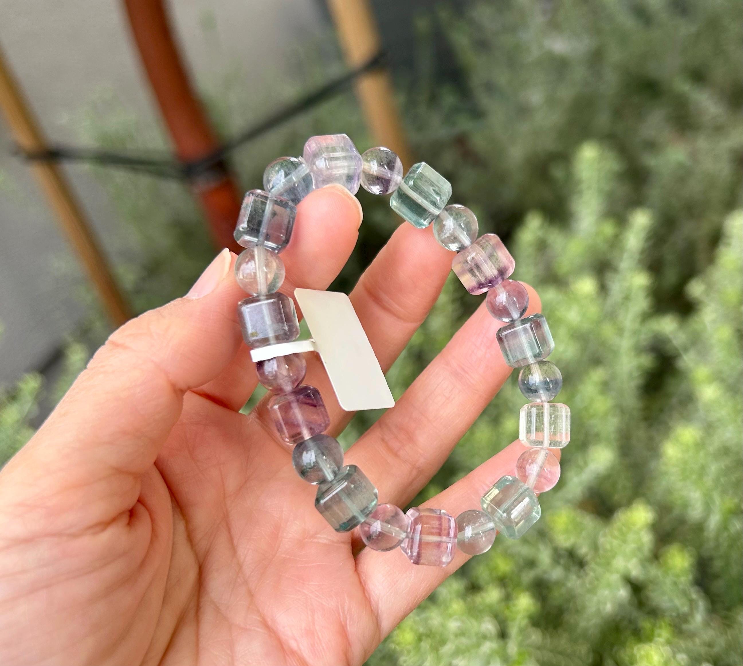 High Clarity Multicolor Fluorite square Beads Bracelet - 9mm beads, fits up to 16cm wrist  (26-100)