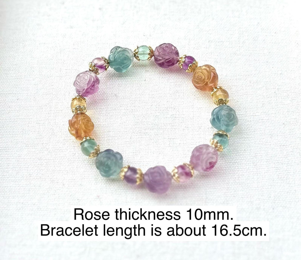 Hand Carved Fluorite Rose Bracelet: Natural Crystal Stone (26-077)