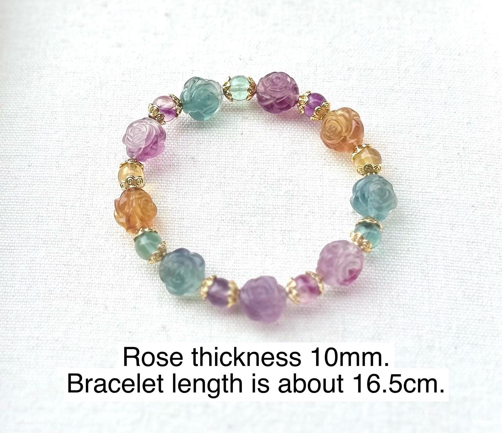 Hand Carved Fluorite Rose Bracelet: Natural Crystal Stone (26-077)