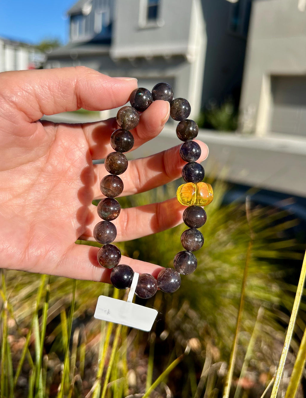 Sunstone iolite with Blood-Like Inclusions 10mm beads bracelet, featuring a tree wax carved squash, Fits up to 16.2cm wrist (26-149)
