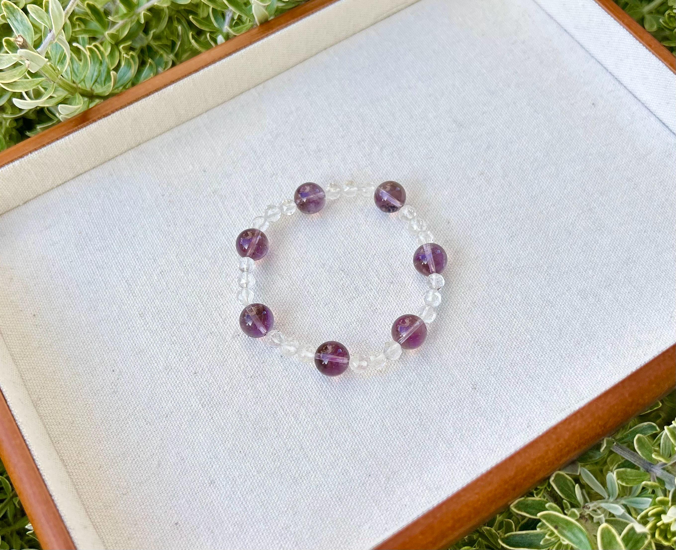 Clear quartz Bead plus Amethyst beads Bracelet -  Crystal Bracelet, fits up to 16cm wrist