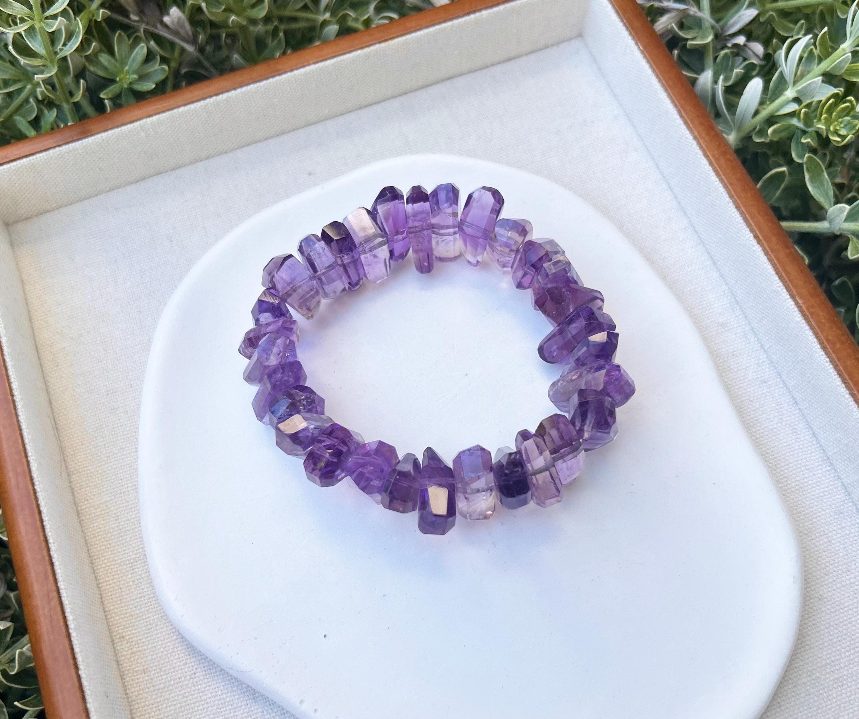 Faceted Amethyst Crystal Bead Bracelet: Stretchy Gemstone Jewelry, Fits up to 17cm wrist (GH-015)