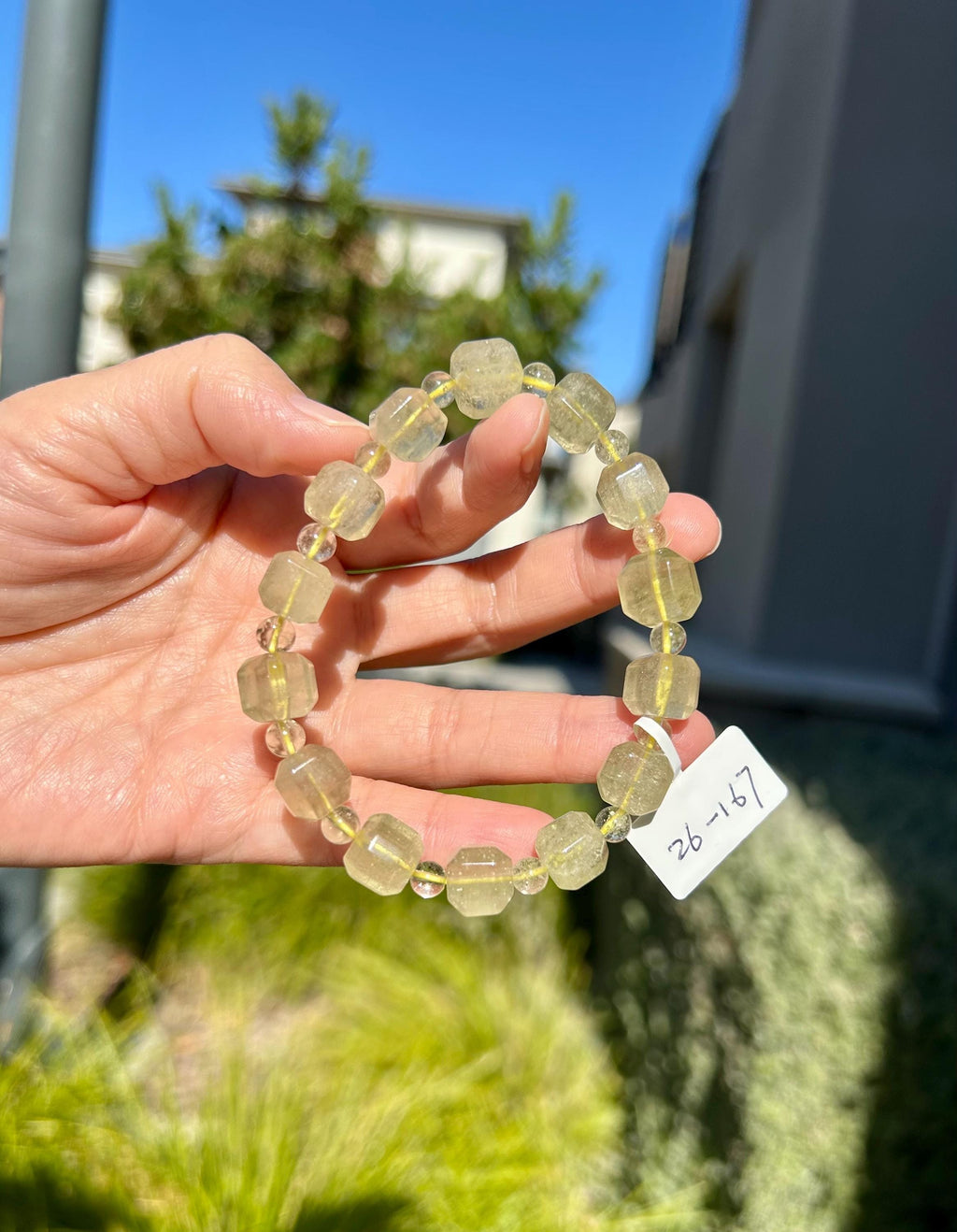 Healing Crystal, Gold Libyan Desert Glass square beads Bracelet: Tektite Beads, about 10mm beads, Fits up to 17cm wrist (26-167)