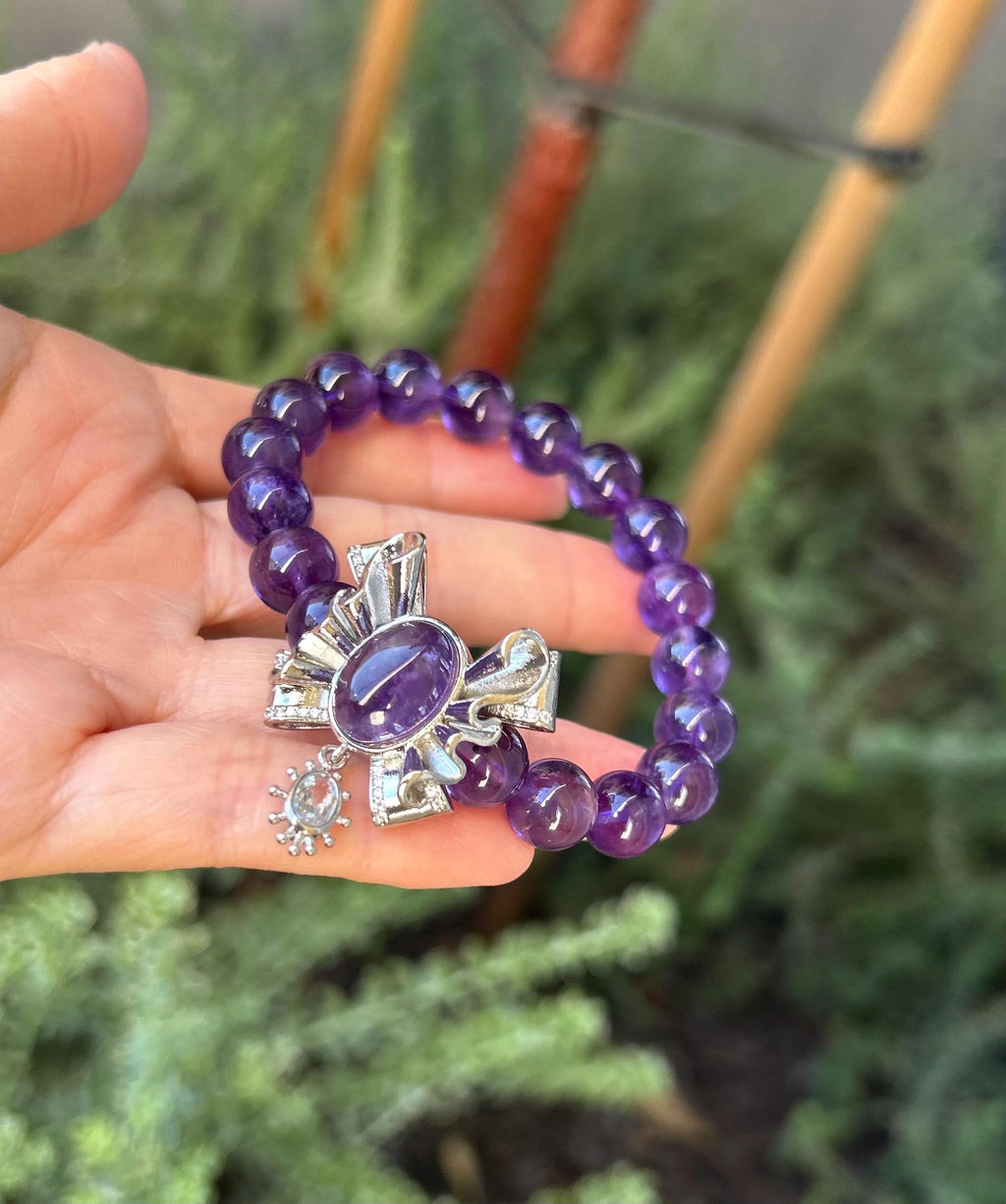 Natural Amethyst Crystal Beaded Bracelet - Stretchy Gemstone Healing, Fits up to 16cm wrist (25-139)