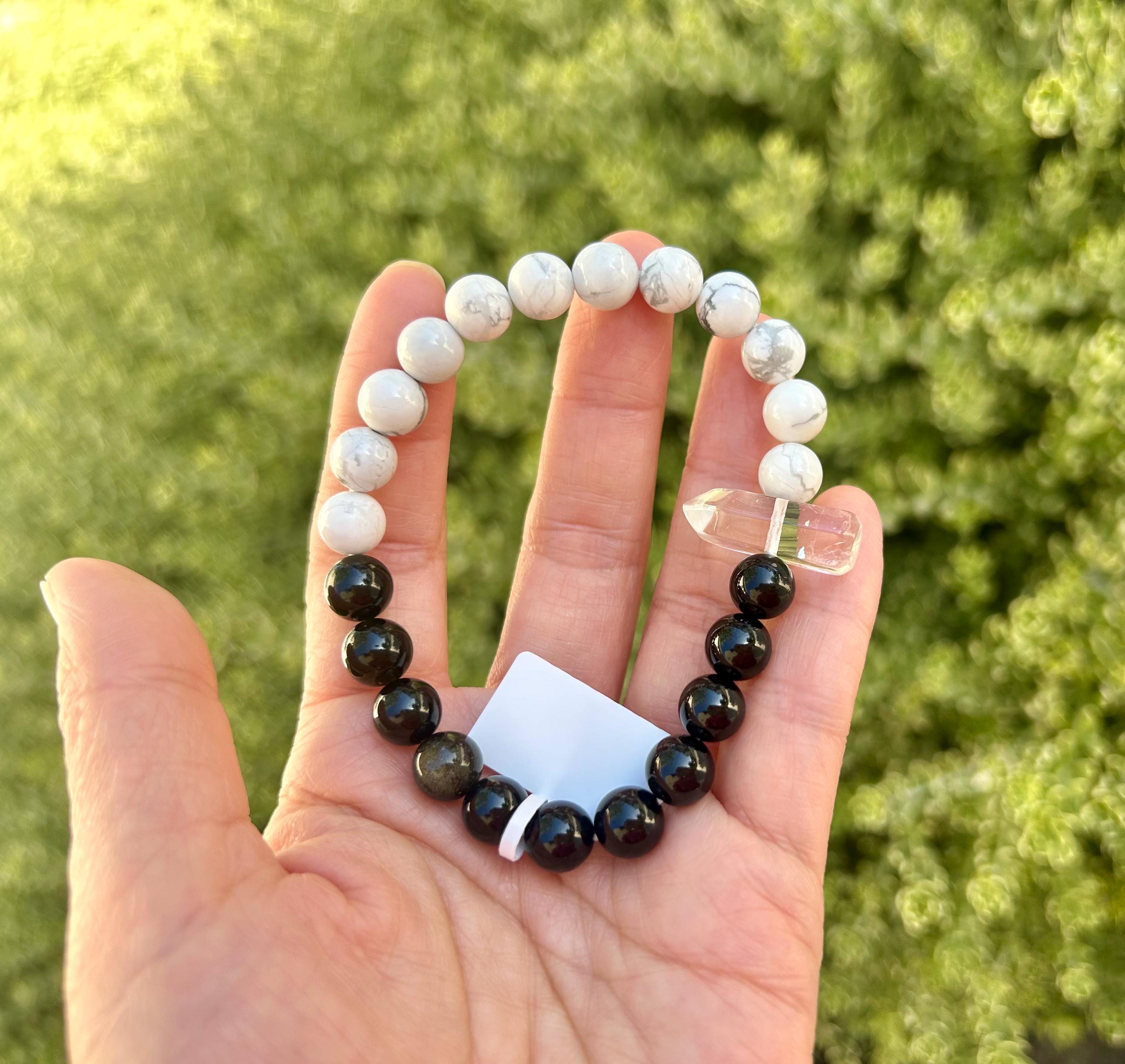 Black Obsidian, White Turquoise and Clear Quartz Tower Bracelet – Protection, Purification & Luck, fits up to 17cm (26-116)