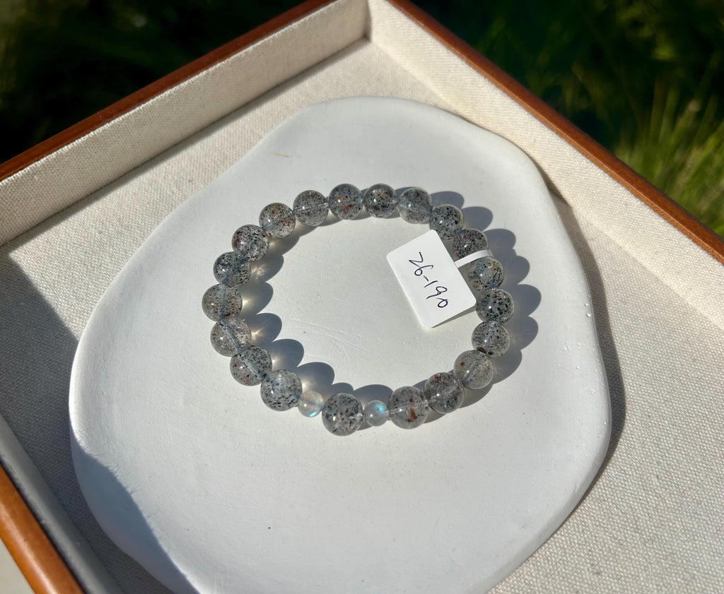 Phatom clear quartz beads with 2 small labradorite beads crystal bracelet, 9mm+ beads, fits up to 17cm wrist (26-190)