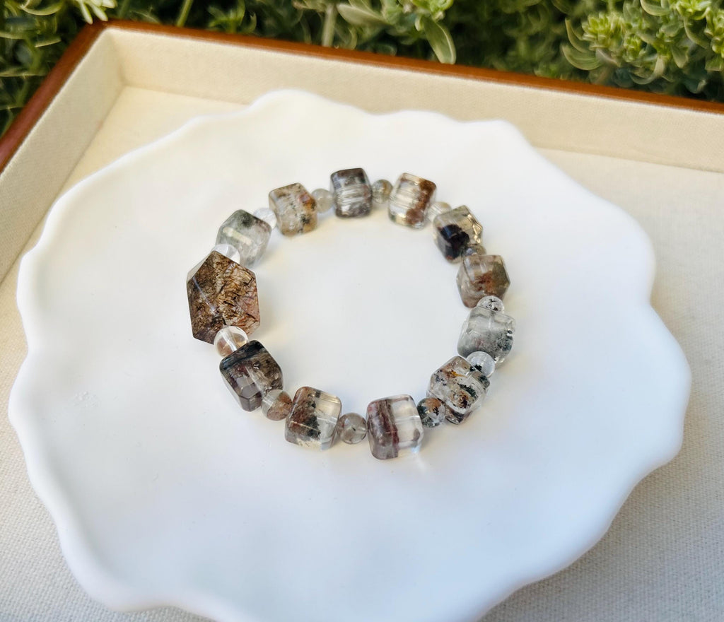Four Season Phantom Quartz square beads with one chunky Black Gold Rutile Crystal Bracelet, fits up to 17cm wrist (25-184)