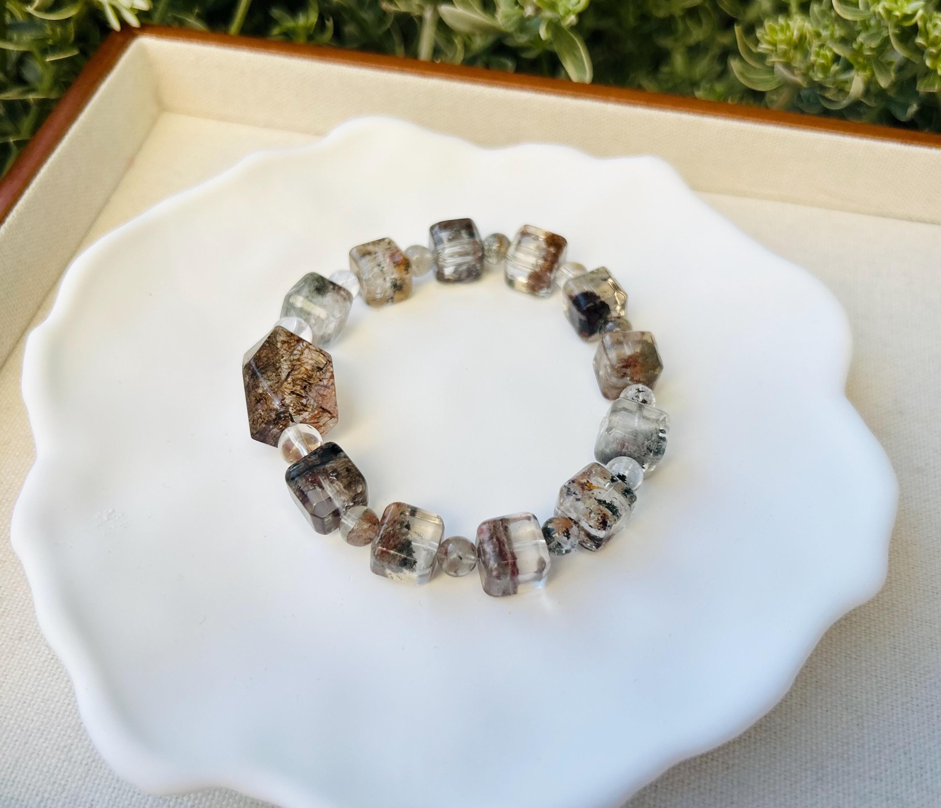 Four Season Phantom Quartz square beads with one chunky Black Gold Rutile Crystal Bracelet, fits up to 17cm wrist (25-184)
