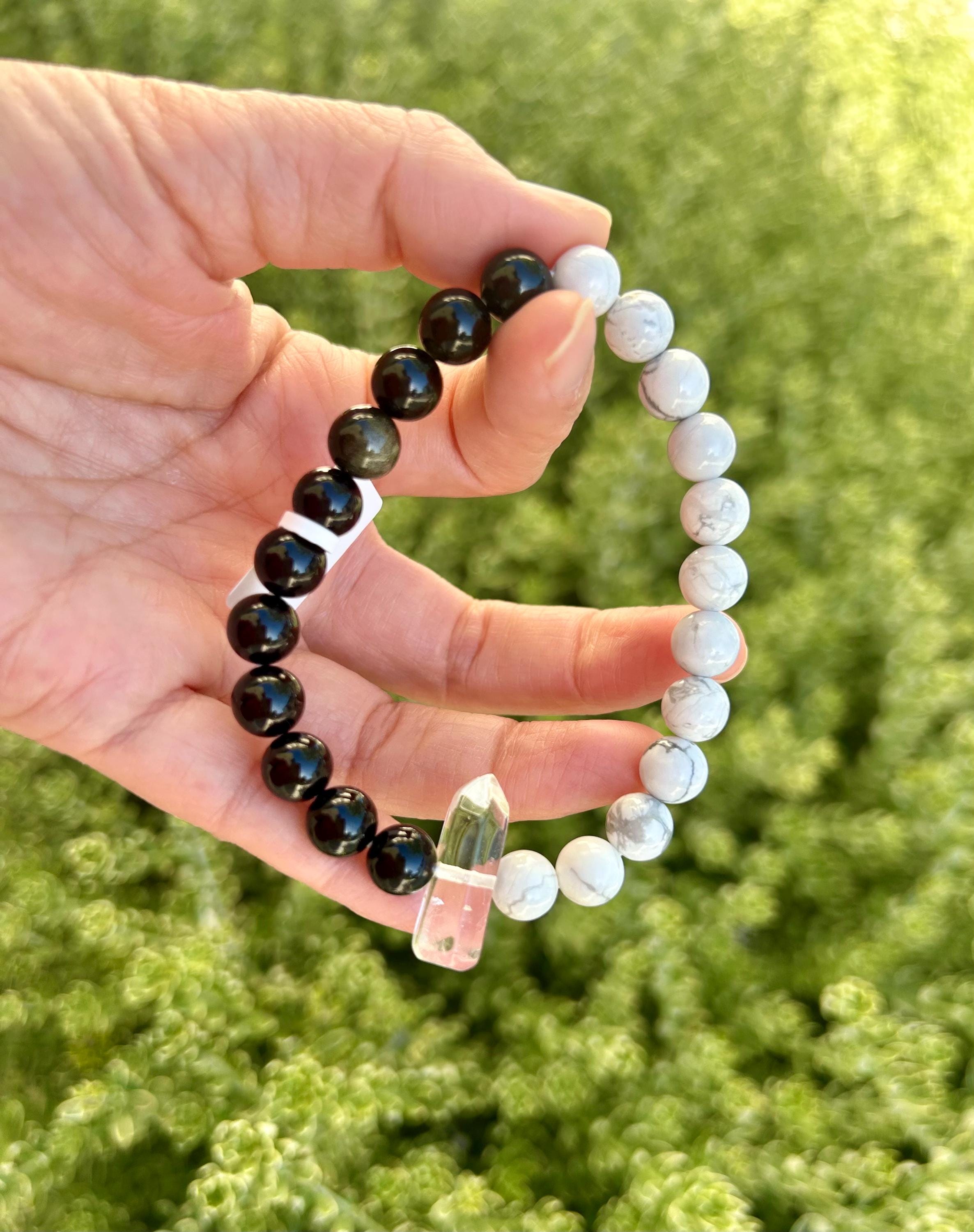 Black Obsidian, White Turquoise and Clear Quartz Tower Bracelet – Protection, Purification & Luck, fits up to 17cm (26-116)