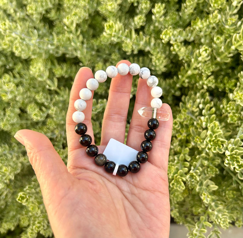 Black Obsidian, White Turquoise and Clear Quartz Tower Bracelet – Protection, Purification & Luck, fits up to 17cm (26-116)