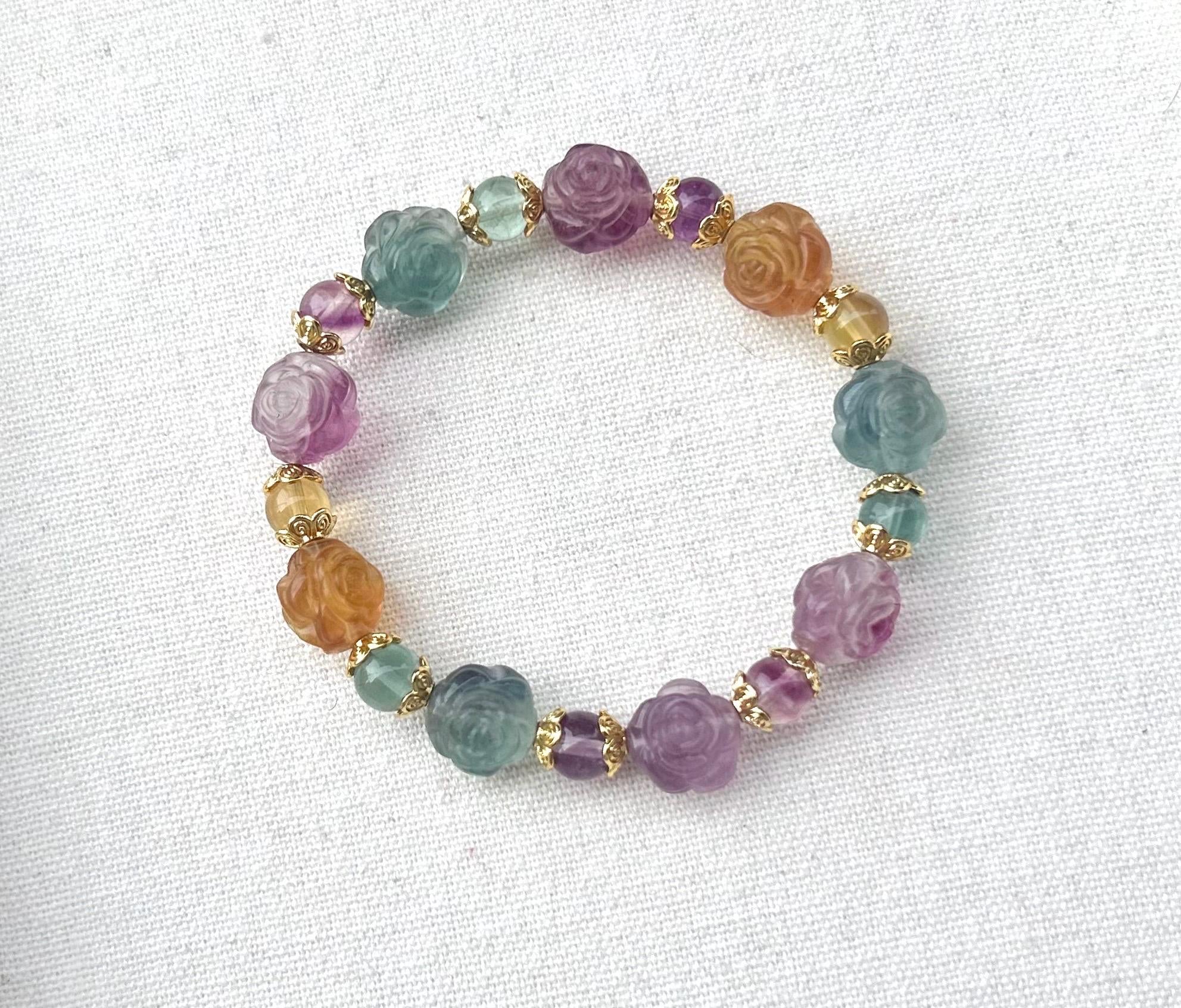Hand Carved Fluorite Rose Bracelet: Natural Crystal Stone (26-077)
