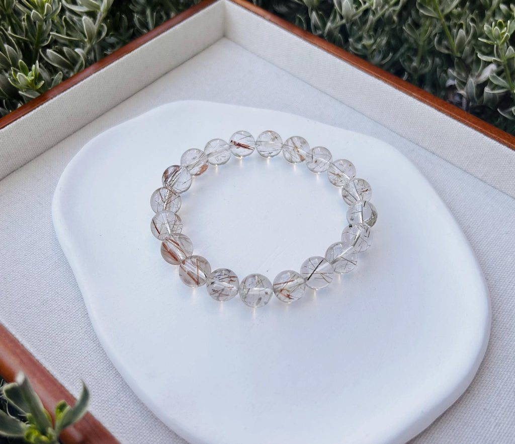 Black Gold Rutilated Quartz Bead Bracelet: Chunky Stone, 10mm (Fits 17cm Wrist) (25-108)