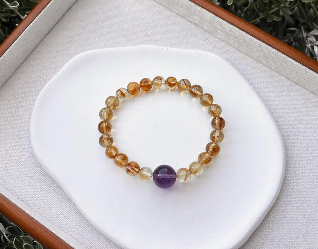 Genuine Citrine Bracelet with Amethyst Bead: Success & Abundance Crystal (25-127)