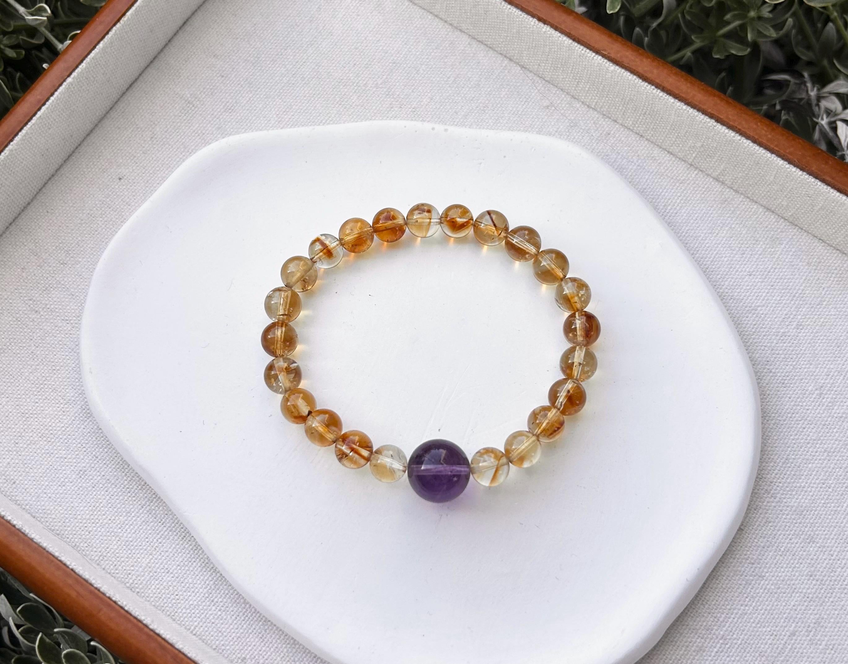 Genuine Citrine Bracelet with Amethyst Bead: Success & Abundance Crystal (25-127)