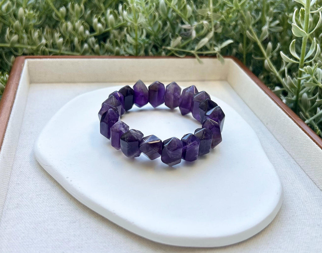 Natural double terminations amethyst bracelet (chunky), genuine crystal beads bracelet, fits up to 16cm wrist (25-075)