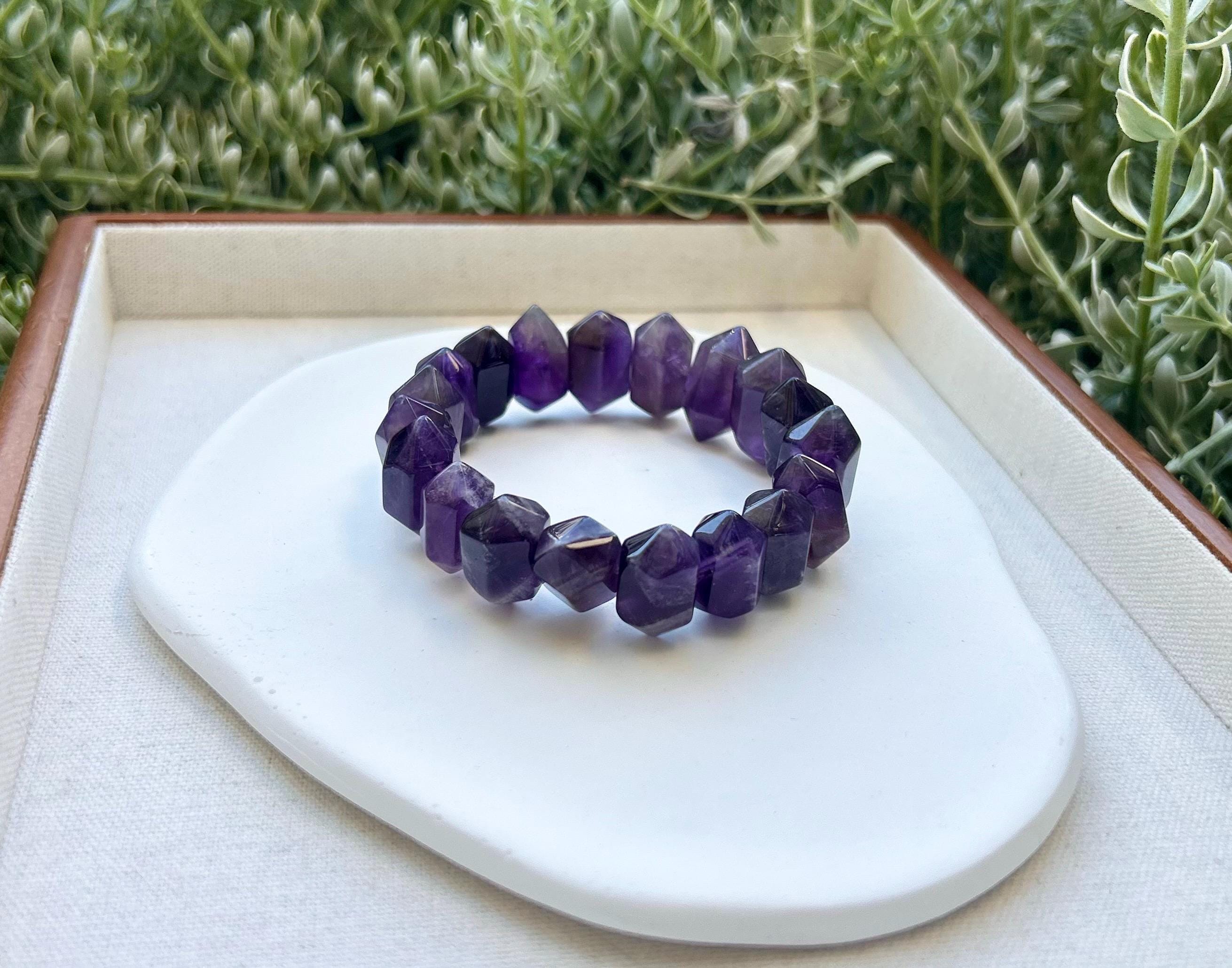 Natural double terminations amethyst bracelet (chunky), genuine crystal beads bracelet, fits up to 16cm wrist (25-075)