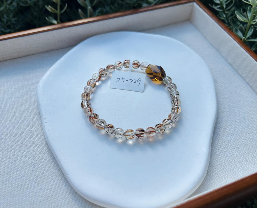 Black Gold Rutile Quartz Crystal Bead Bracelet with one citrine facet bead, Fits up to 17cm wrist (25-229)