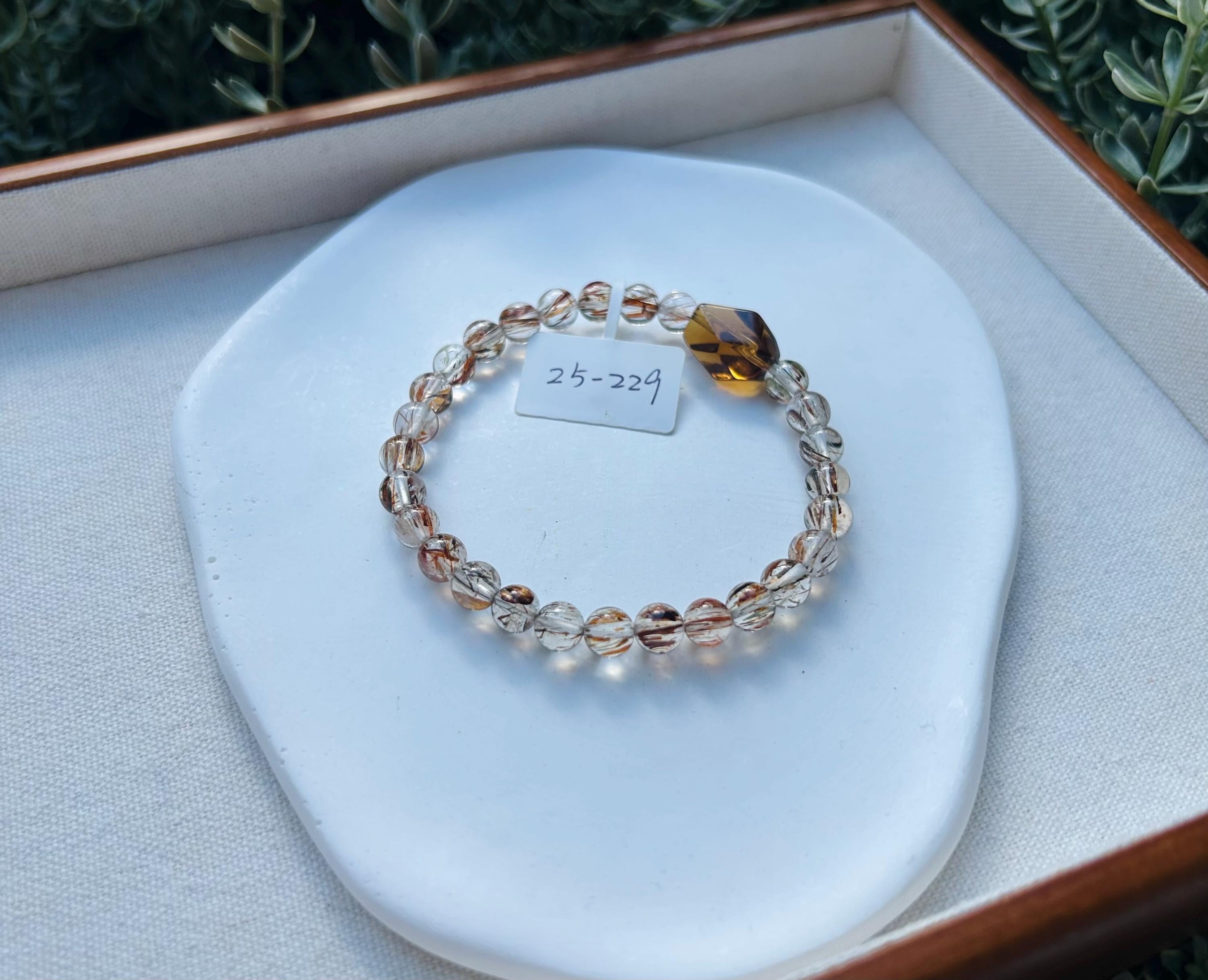 Black Gold Rutile Quartz Crystal Bead Bracelet with one citrine facet bead, Fits up to 17cm wrist (25-229)